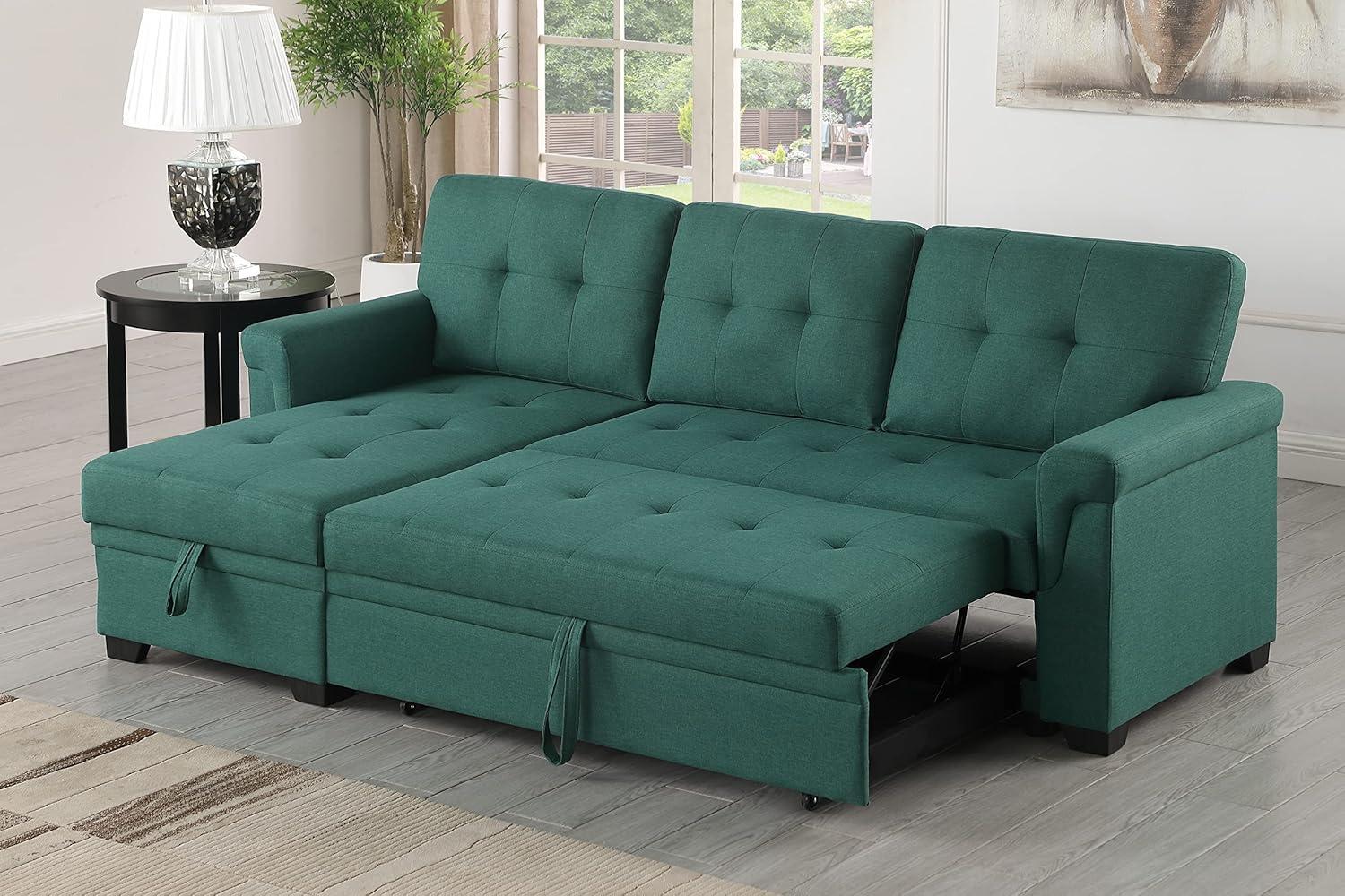 Lucca Green Linen Fabric Reversible Sleeper Sectional Sofa with Storage Chaise