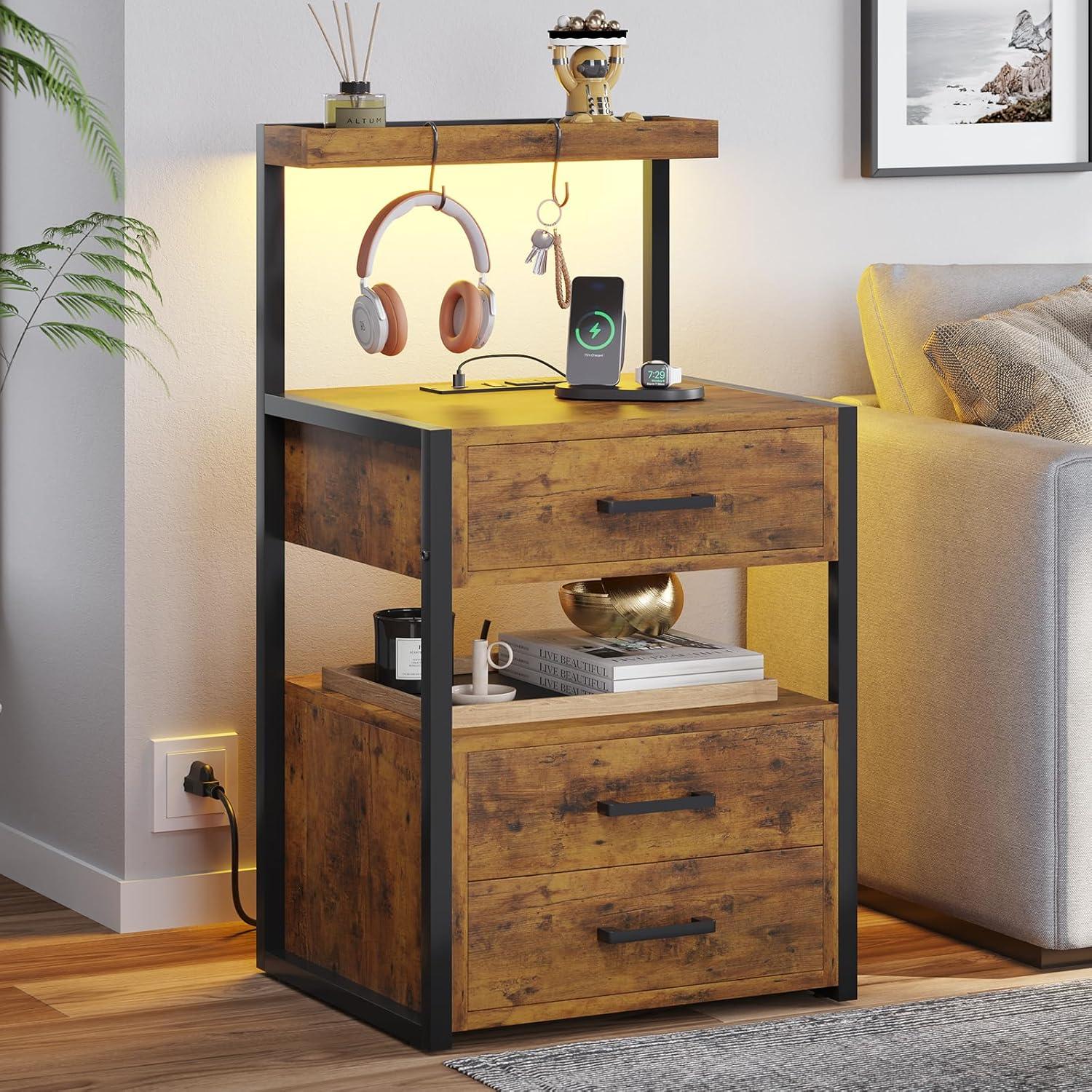 Weiplehoom Led Nightstand with Charging Station, 3 Drawers Night Stands, Bedside Tables with Storage Shelves, Rustic Brown