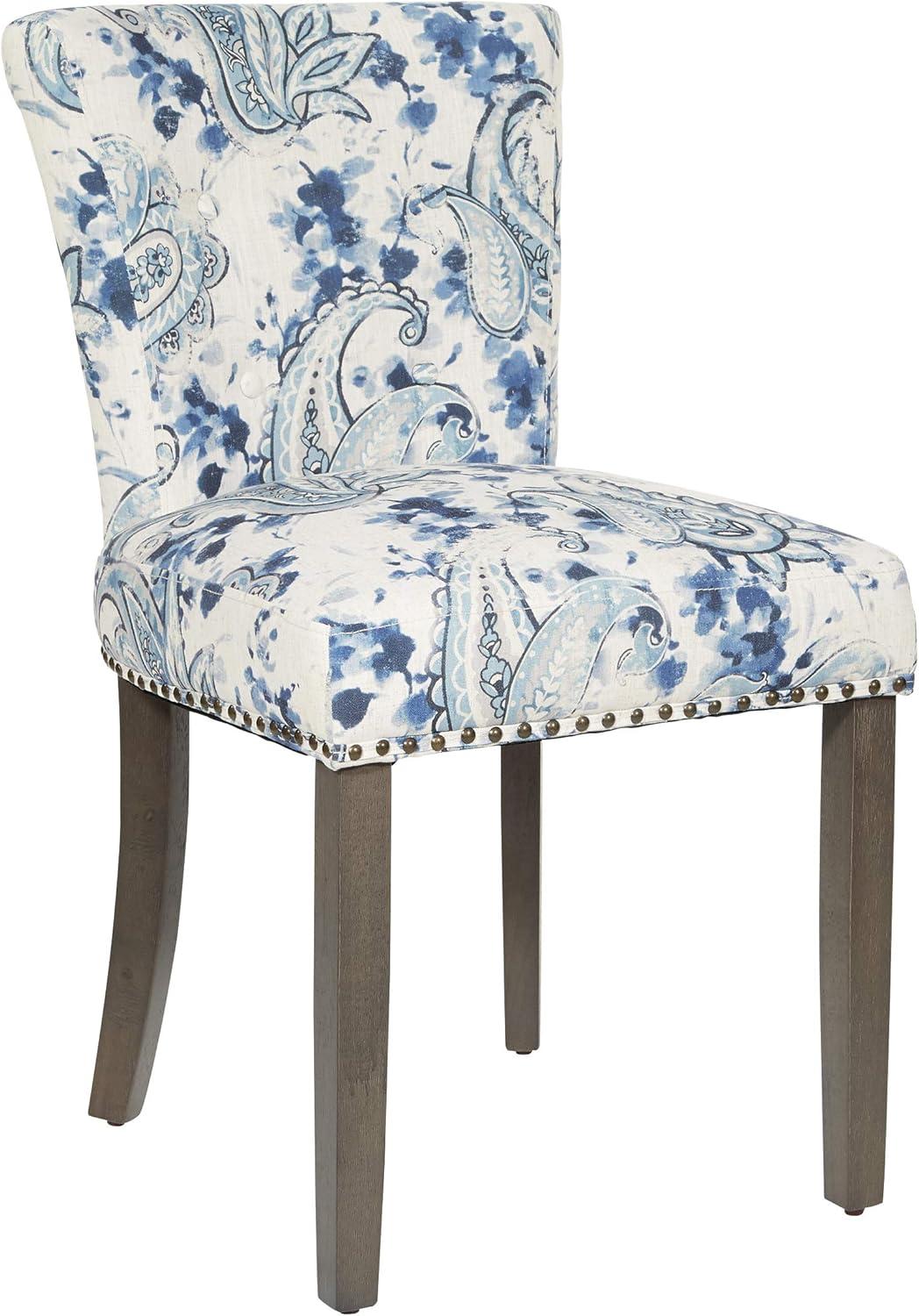 Paisley Blue Upholstered Side Chair with Wood Legs