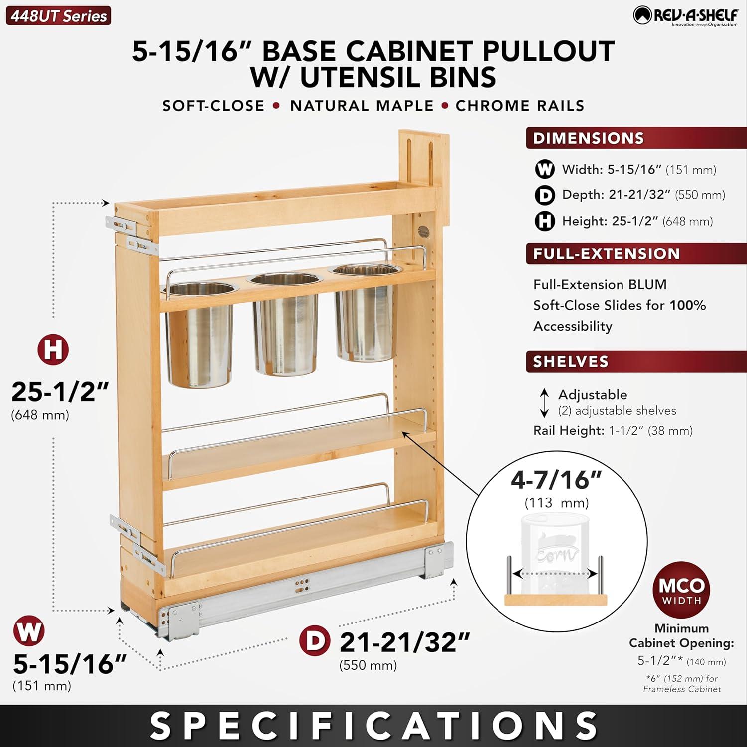 Rev-A-Shelf 448UT-BCSC 448UT Series Kitchen Utensil Pull Out Cabinet Organizer with Shelves and Soft-Close Slides for Kitchen Base Cabinets