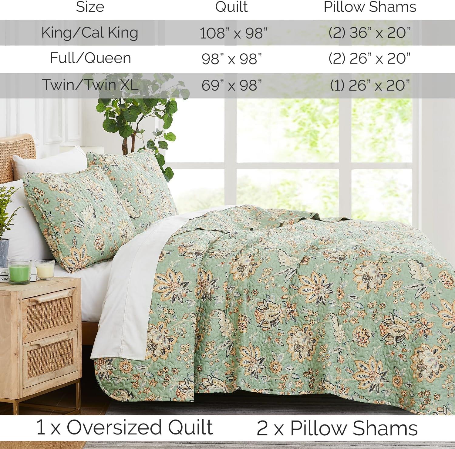 SouthShore Fine Linens Jacobean Willow 3-Piece Green Floral Quilt Bedding Sets, Queen