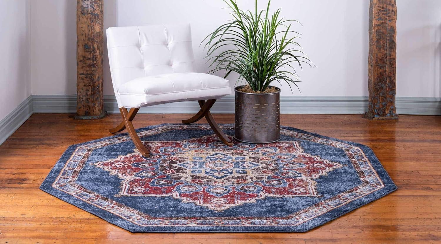 Utopia Collection Navy Blue Abstract 7' Octagon Synthetic Rug