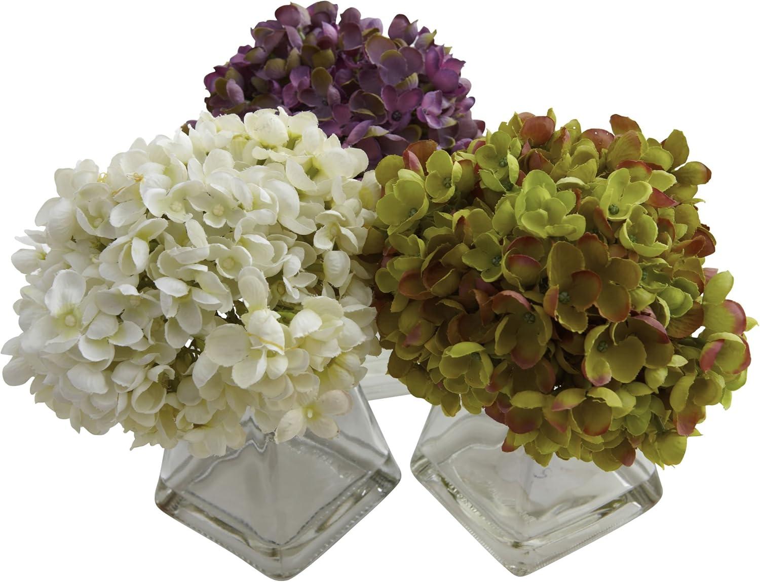 Set of 3 Multicolor Artificial Hydrangea Arrangements with Glass Vases