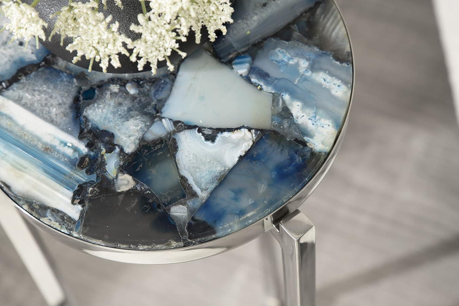 Aguilar Blue Agate Stone and Silver Metal Round Drink Table