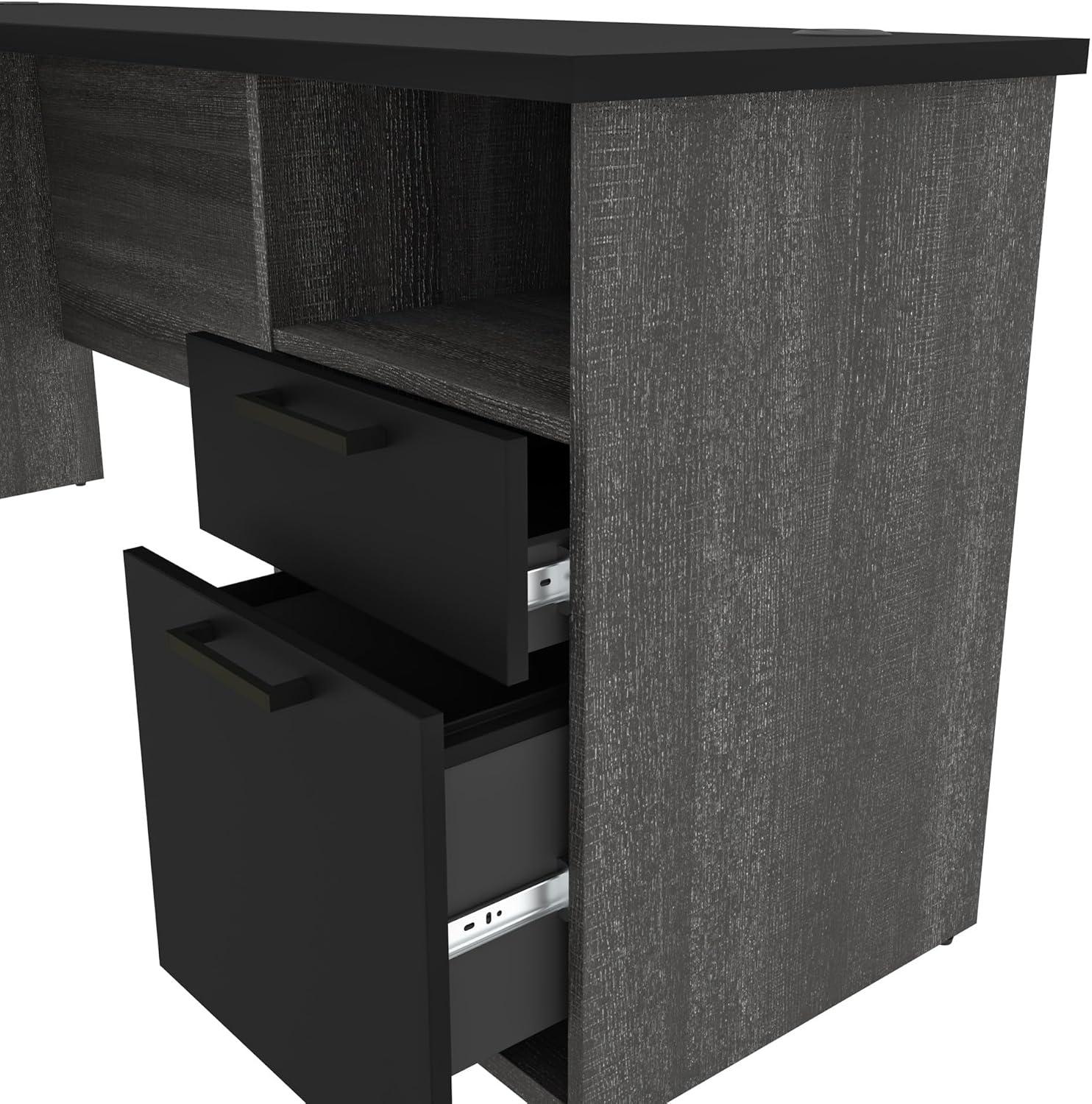 Black and Bark Gray Executive Corner Desk with Hutch and Power Outlets