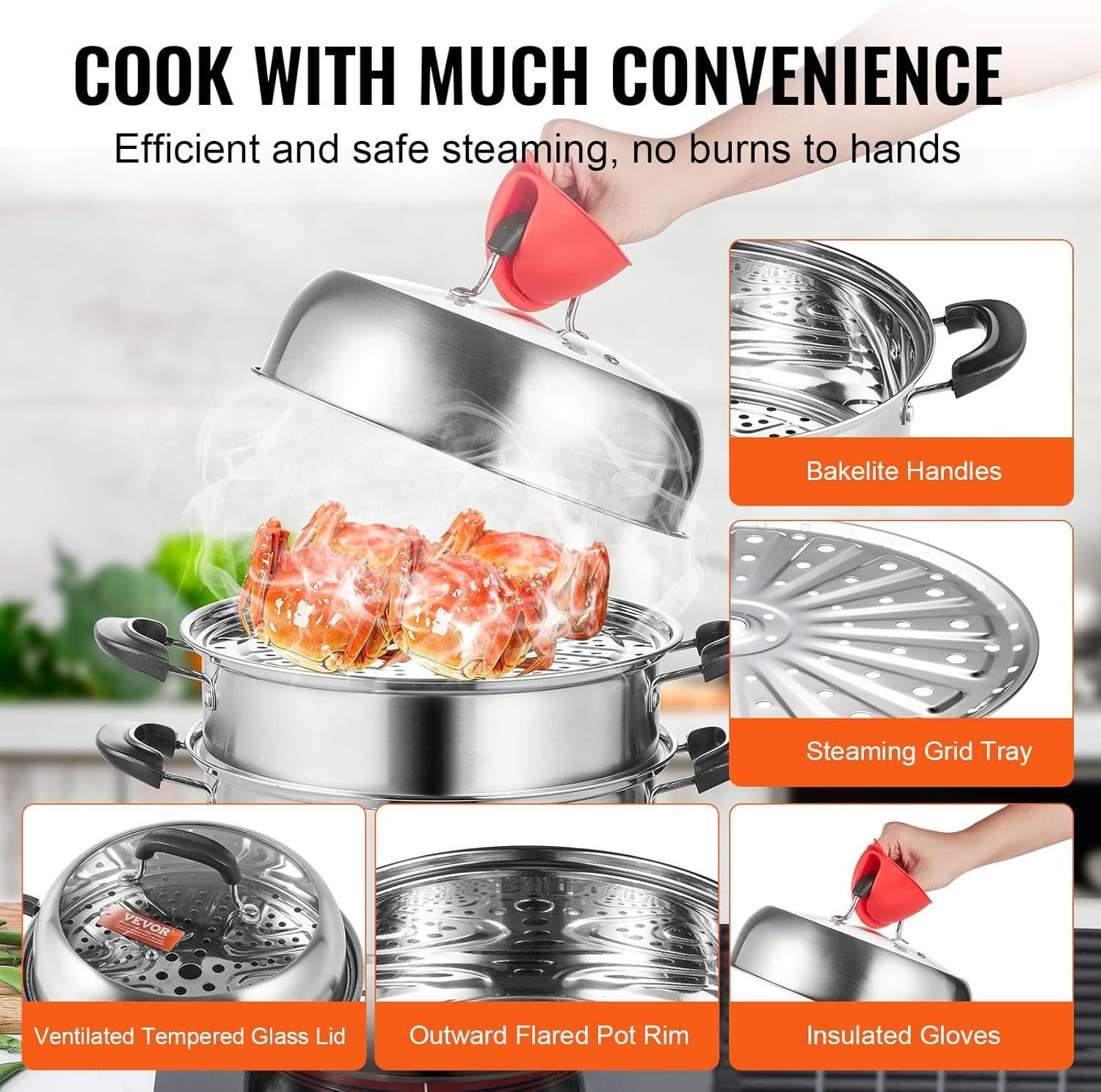 Stellweilan Tessberg Steamer Pot 11in/28cm, 3 Tier Steamer Pot for Cooking with 8.5QT Stock Pot, Vegetable Steamer & 2 Steaming Tray, Food-Grade 304 Stainless Steel Food Steamer Cookware for Gas Electric Stove Grill