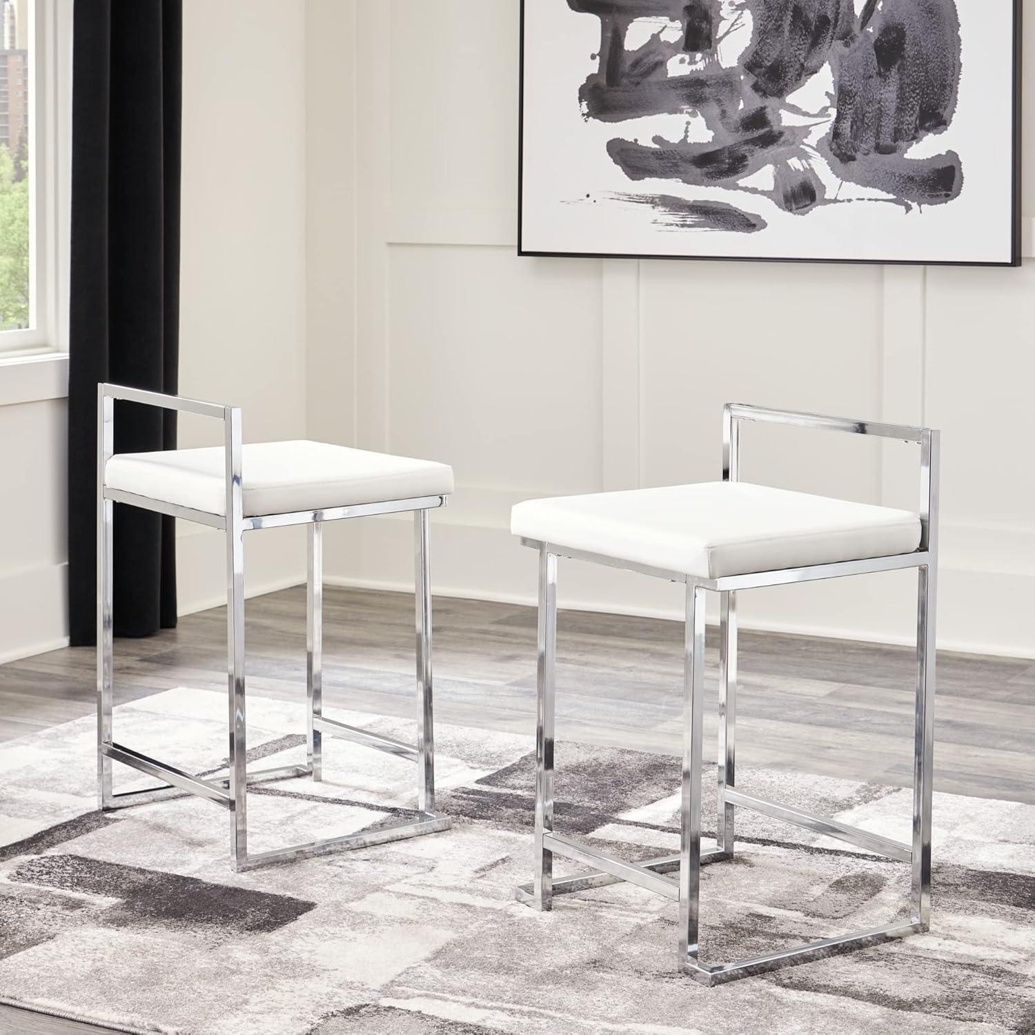 Signature Design by Ashley Madanere Contemporary Upholstered Stool with Metal Frame, 2 Count, White & Chrome