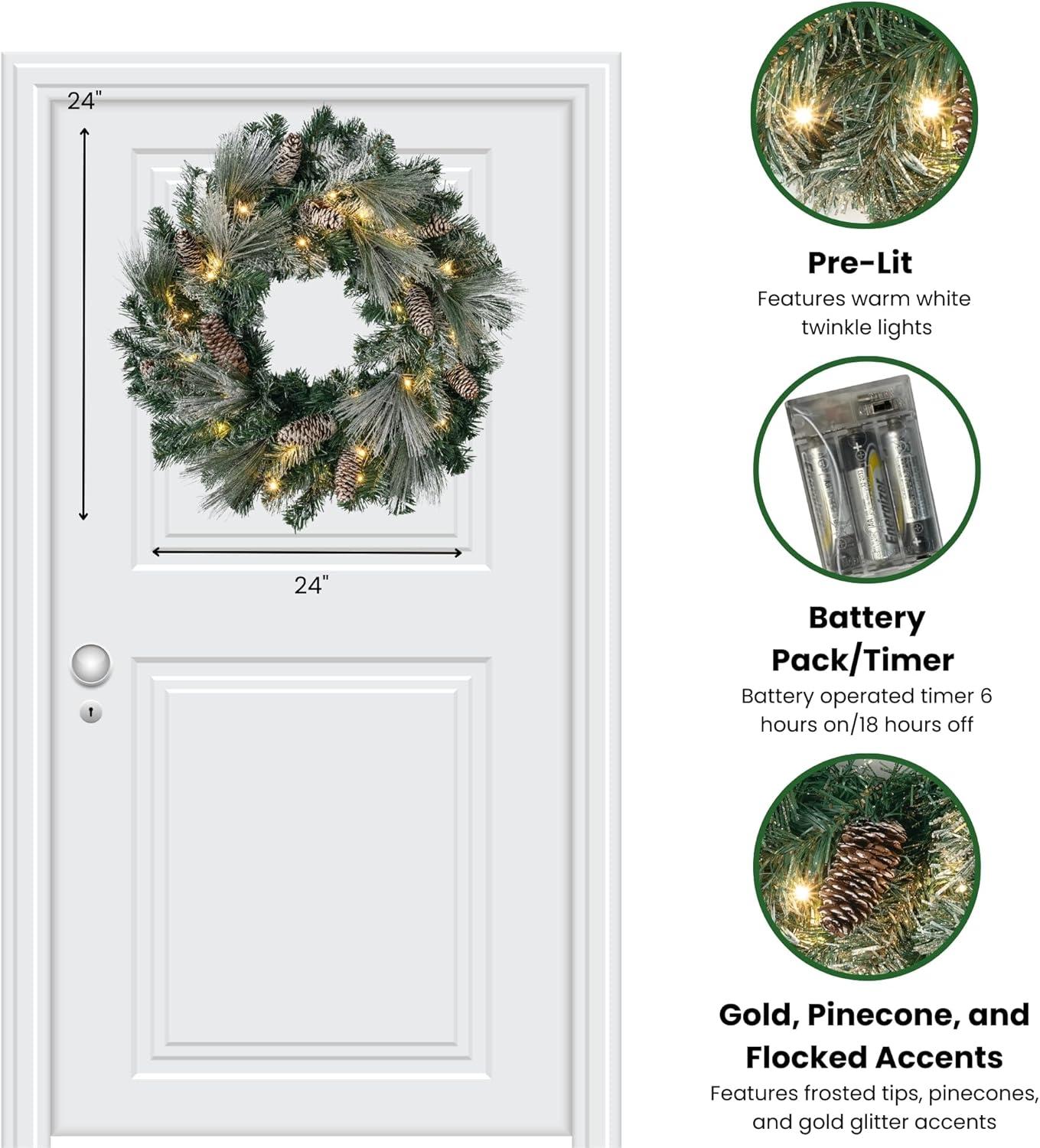 Sullivans 24 Inch Pre-lit Flocked Pine Christmas Wreath Decorated with Pinecones, Light Frosting, Glittered Gold Accents, and Warm White Twinkle