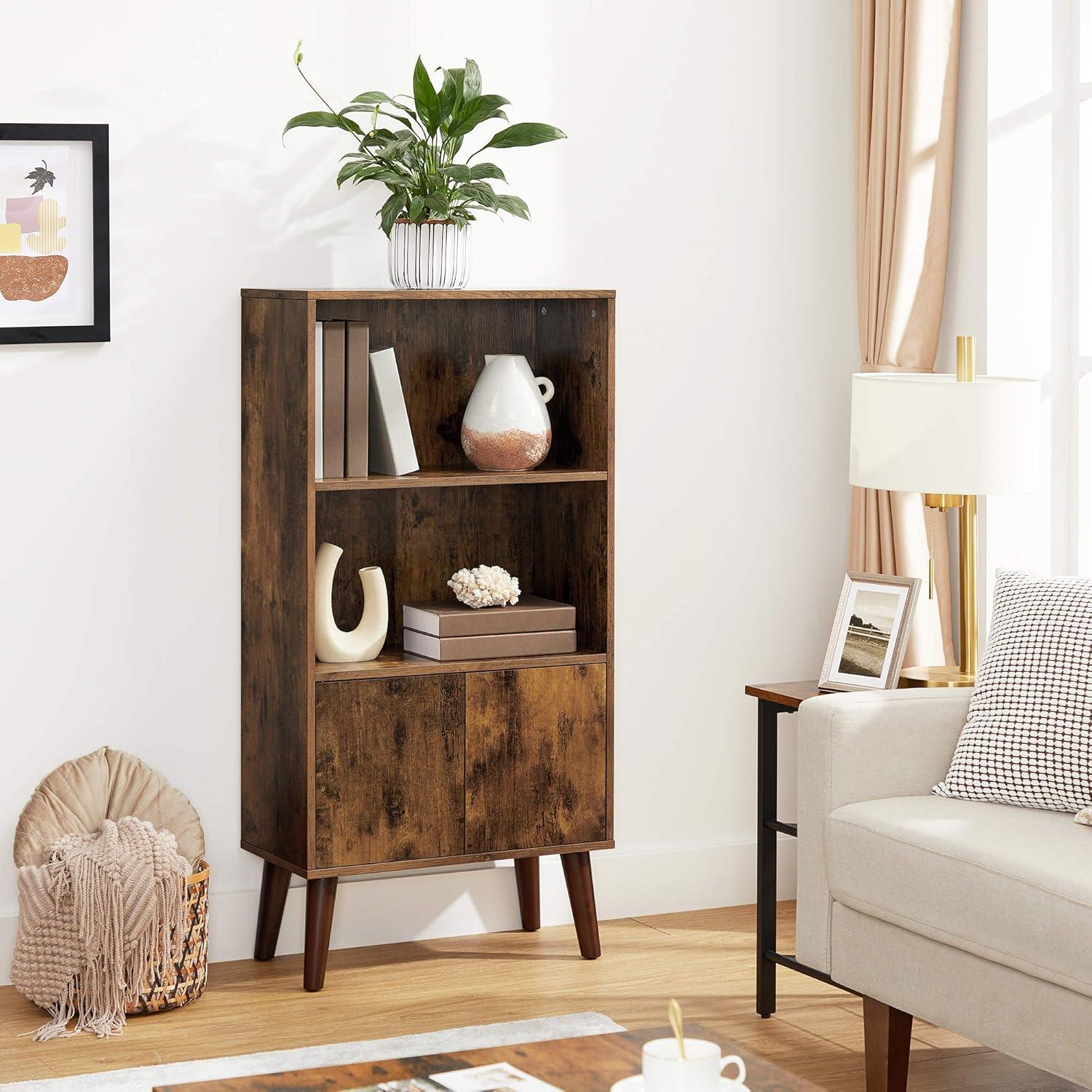 Walnut 2-Tier Mid-Century Modern Bookcase with Doors