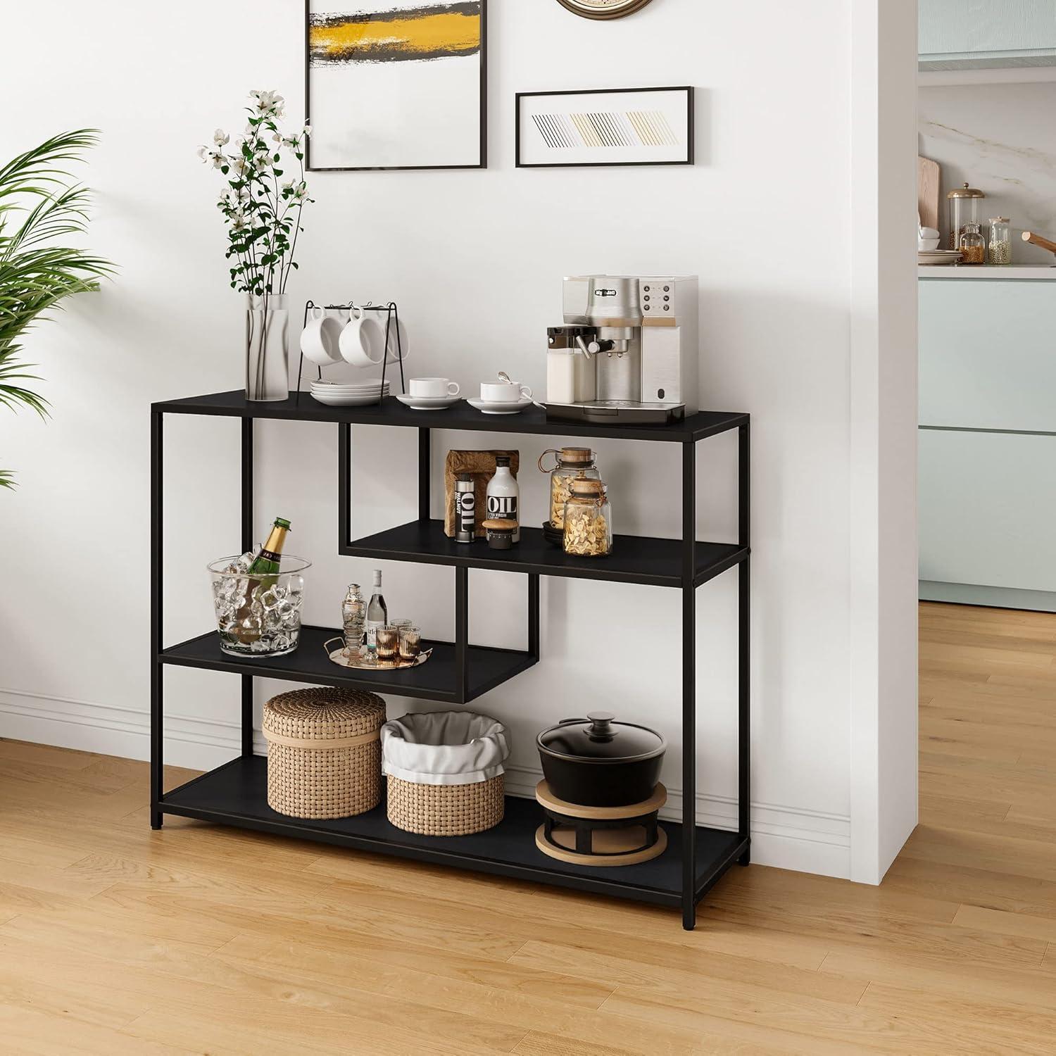 Black Metal and Wood 4-Tier Console Table with Open Storage