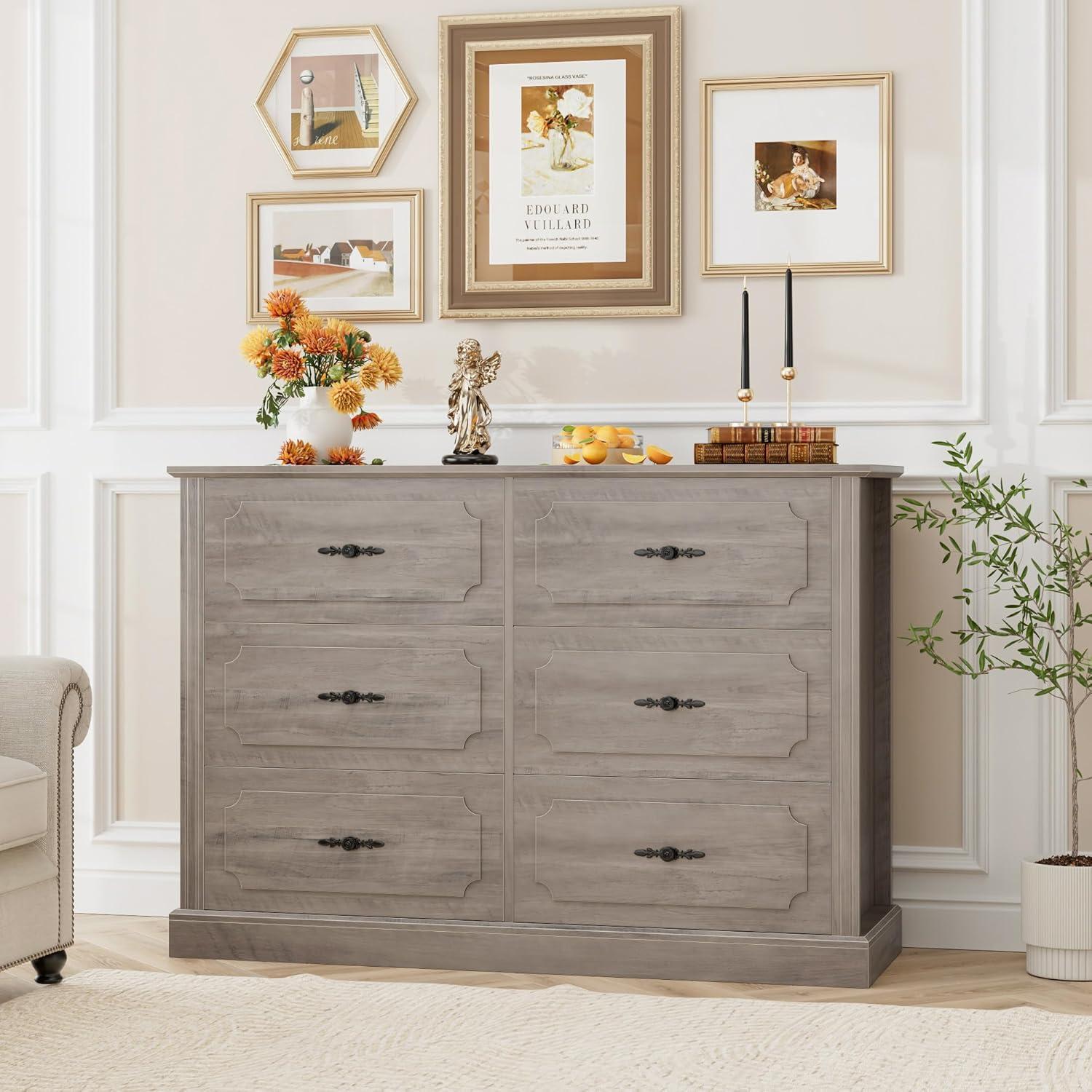 Litake Dresser for Bedroom with 6 Drawers, Wood Drawer Dresser Chest of Drawers for Closet, Living Room, Hallway, Nursery, Kids Bedroom, Light Grey