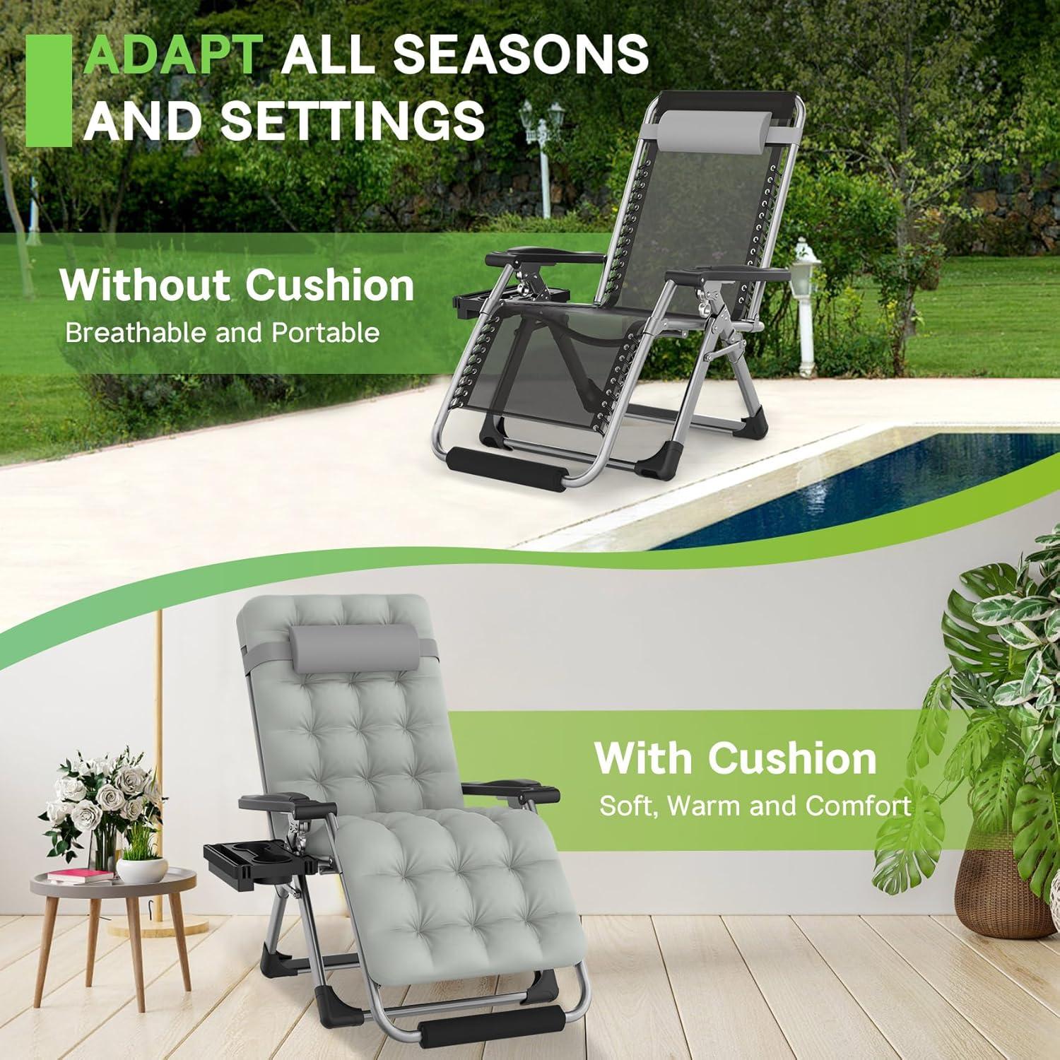 ZENPETIO 29In XL Zero Gravity Chair w/Cushion, Zero Gravity Recliner Lounge Chair for Indoor and Outdoor, Reclining Camping Chair for Lawn, Anti Gravity Chair with Cup Holder and Footrest, 440LBS