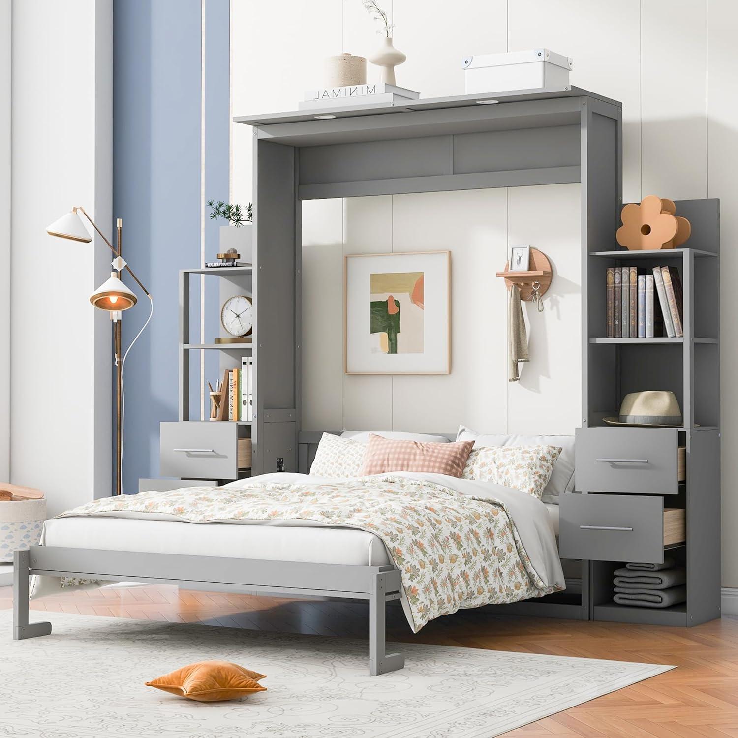 Gray Queen Size Murphy Bed with Shelves and Drawers