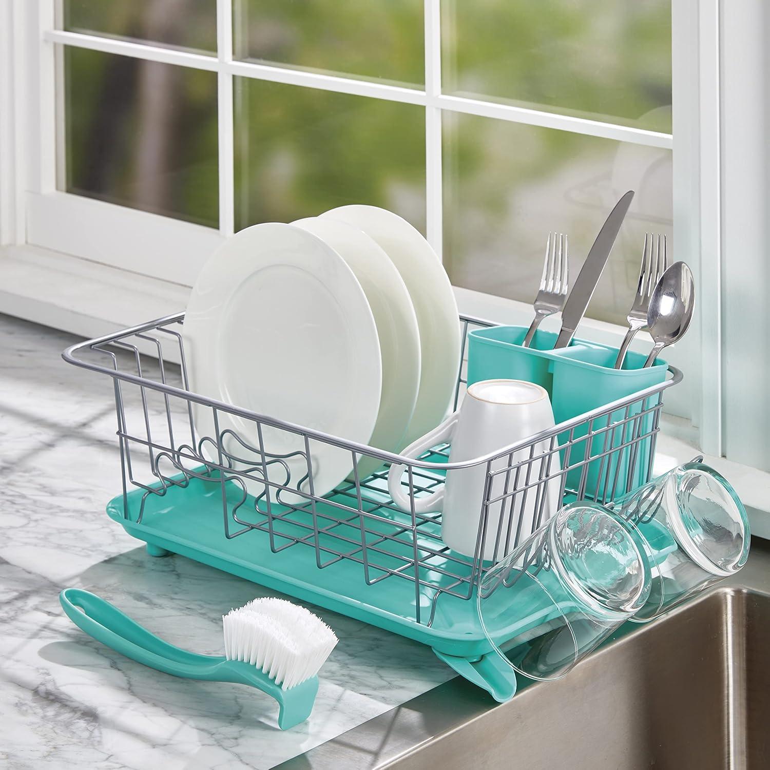 Aqua and Gray Compact Dish Rack with Utensil Holder