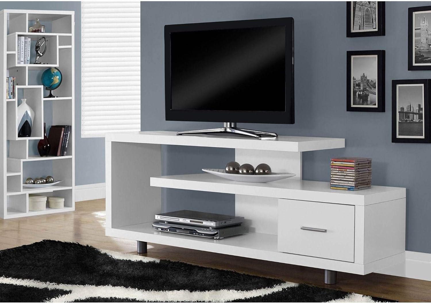 Monarch Specialties 60" Modern Art Deco Entertainment TV Stand w/ Drawer, White