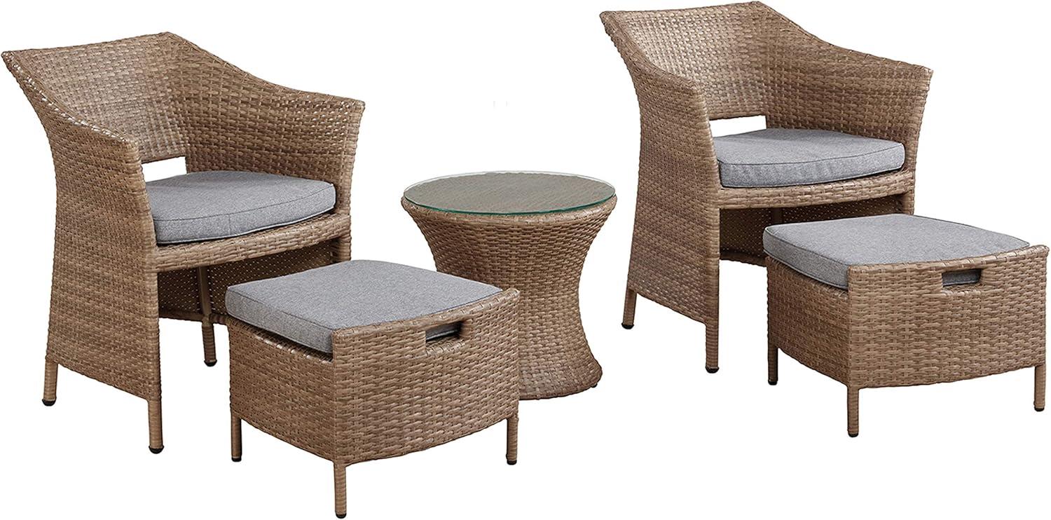 Kokoli 5-Piece Light Brown Wicker Outdoor Conversation Set with Gray Cushions