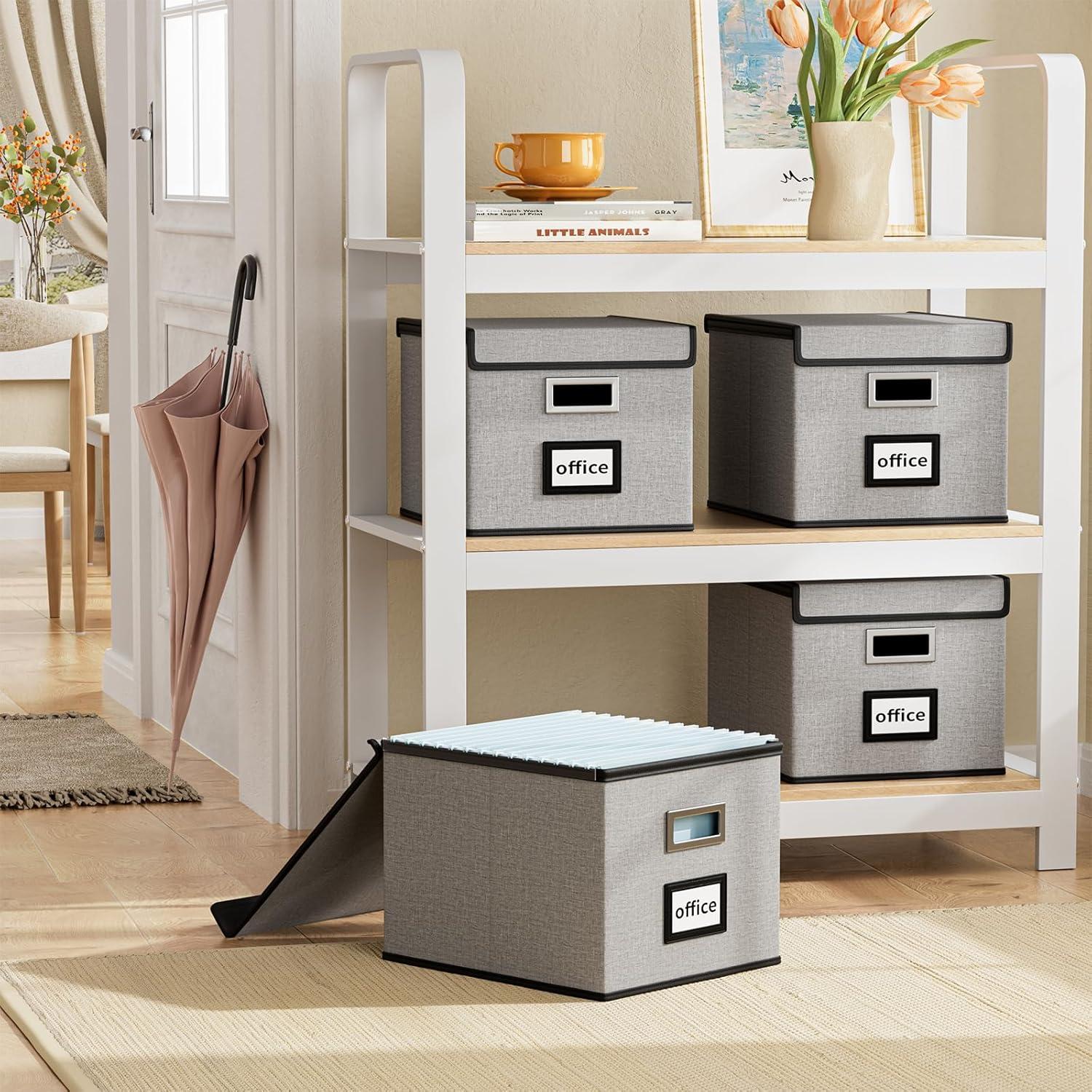 Huolewa Portable File Organizer Box, Office Document Storage Organizer Box with Lid, Linen Hanging Filing Storage Box, Decorative Home/Office Filing System for File and Folders Storage (Light Grey)