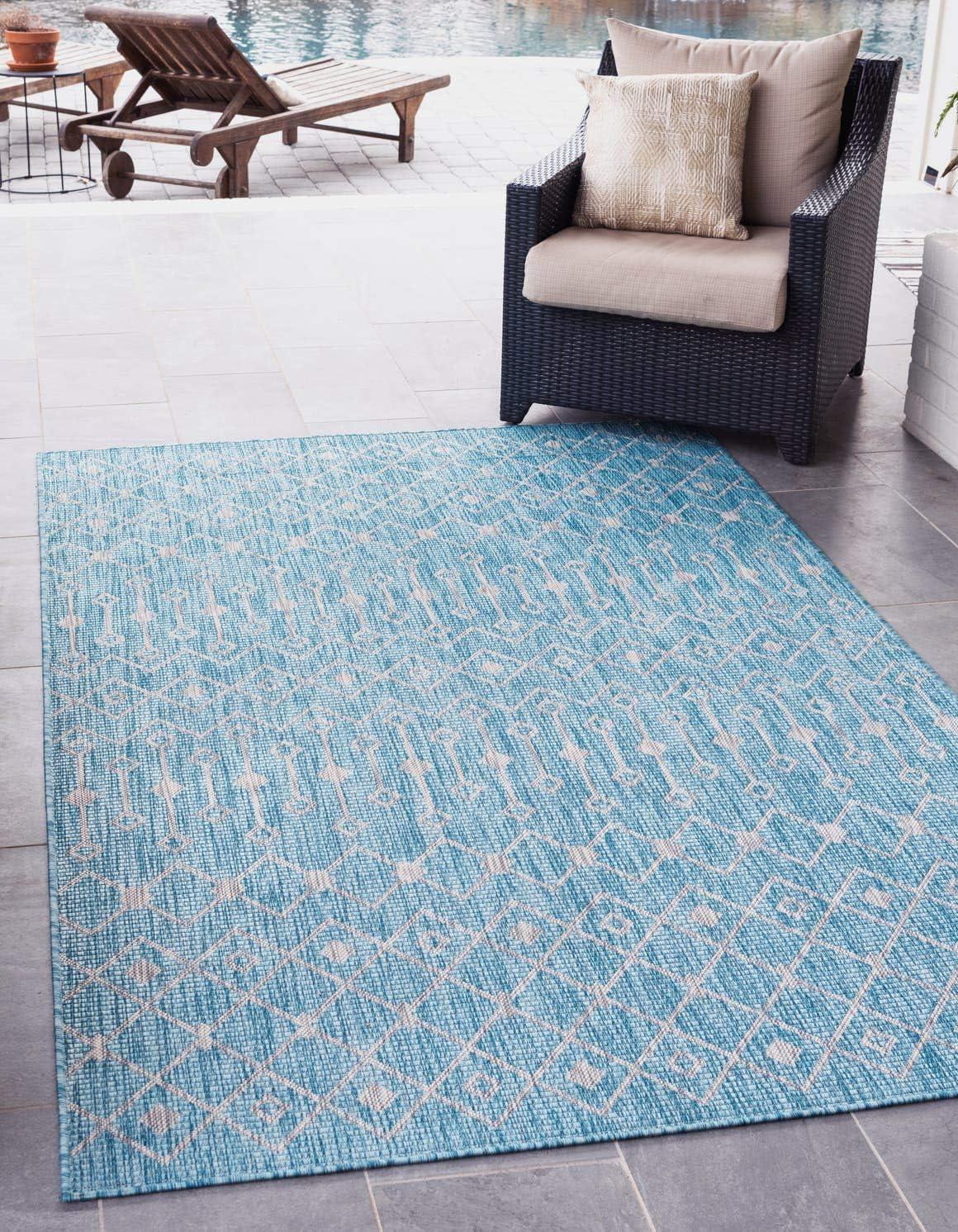 Unique Loom Outdoor Trellis Collection Area Rug - Tribal Trellis (7' 1" x 10' Rectangle Aqua/Ivory)