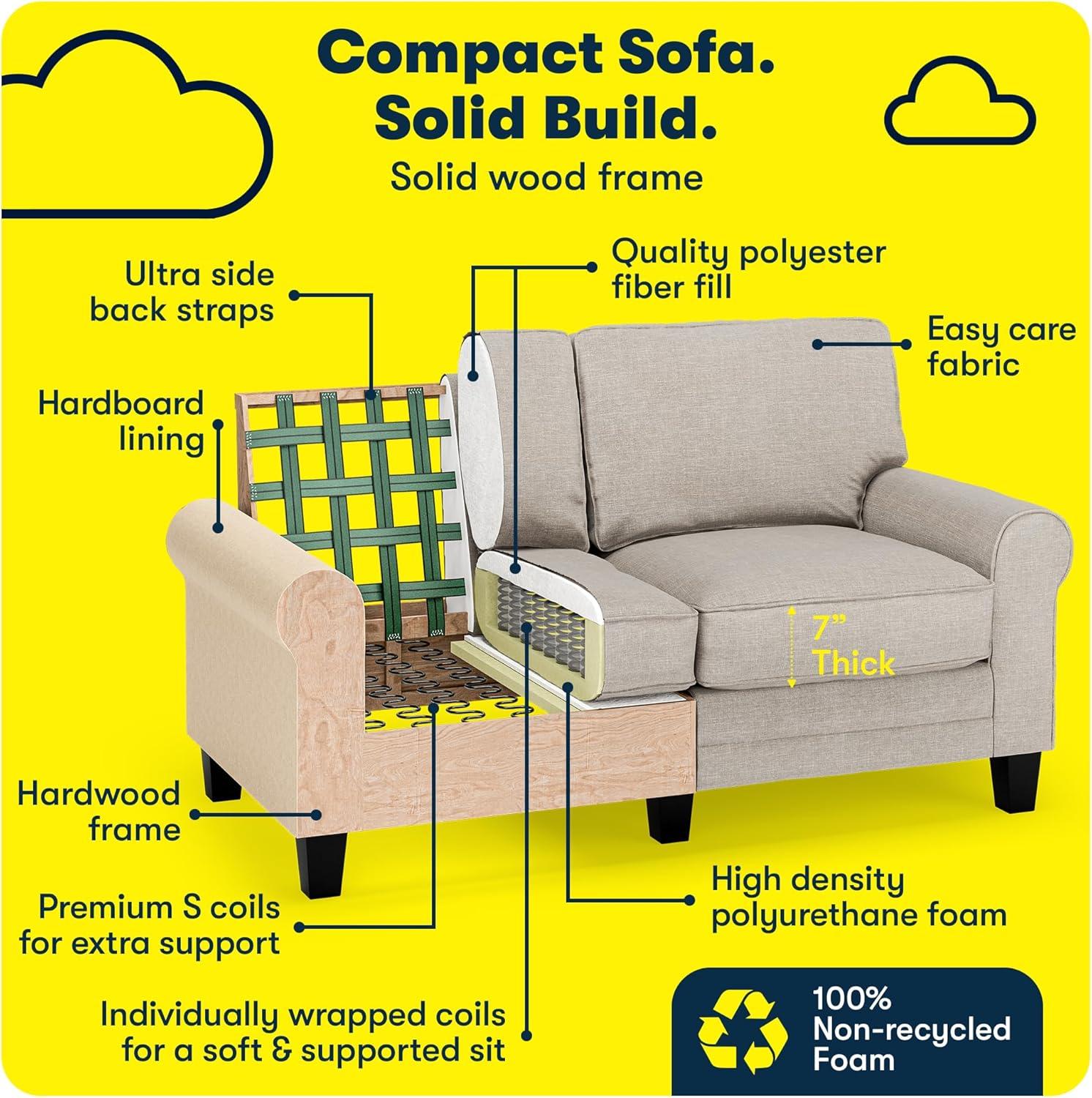 Serta Copenhagen 61" Rolled Arm Sofa, Easy Care Fabric, Soft Pillow Back, Pocket Coil Seat Cushions