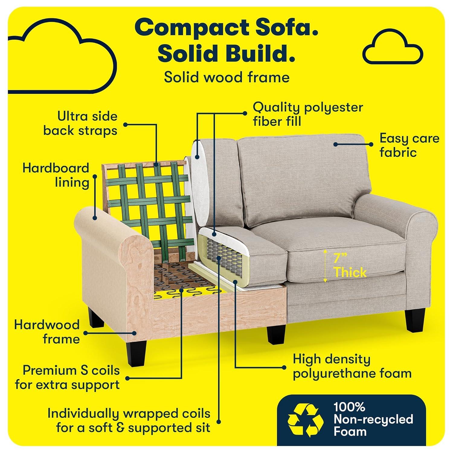 Serta Copenhagen 61" Rolled Arm Sofa, Easy Care Fabric, Soft Pillow Back, Pocket Coil Seat Cushions