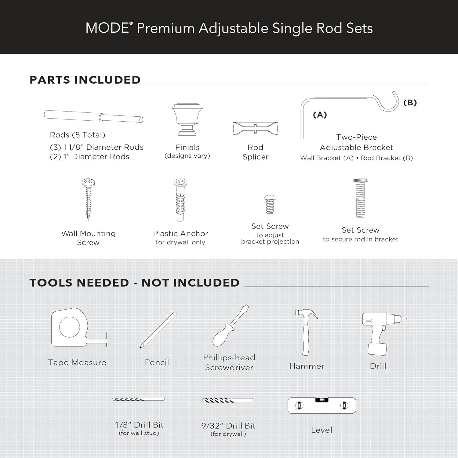 Mode Premium Collection 1 1/8 in Diameter Curtain Rod, Cylinder Finials and Steel Wall Mounted Adjustable Rod