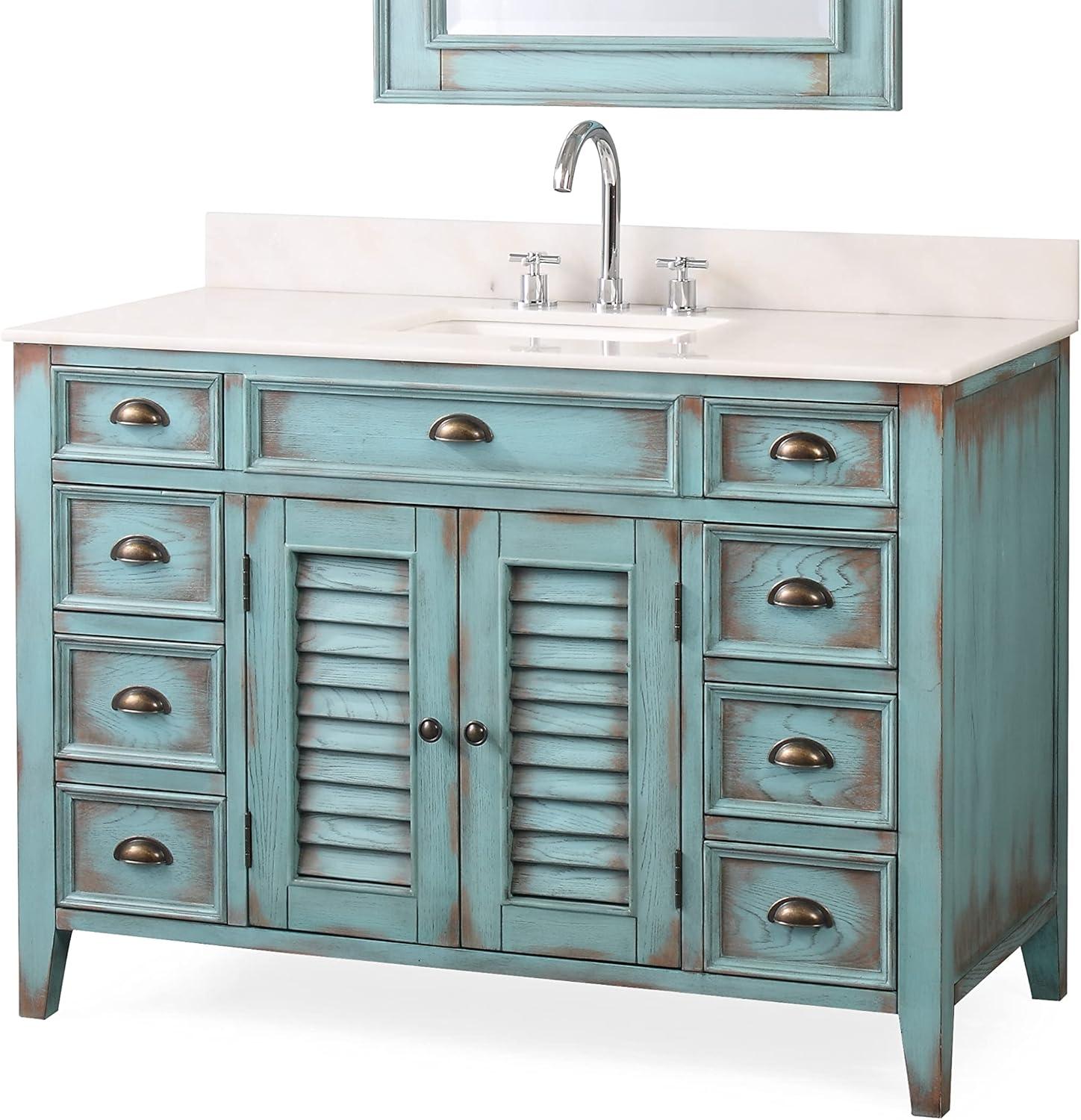 46 Inch Abbeville Distressed Blue Finish Cottage Plantation Style Bathroom Vanity with White Marble Stone Top, 4 Functional Drawers, Undermount Sink, Hardware Included