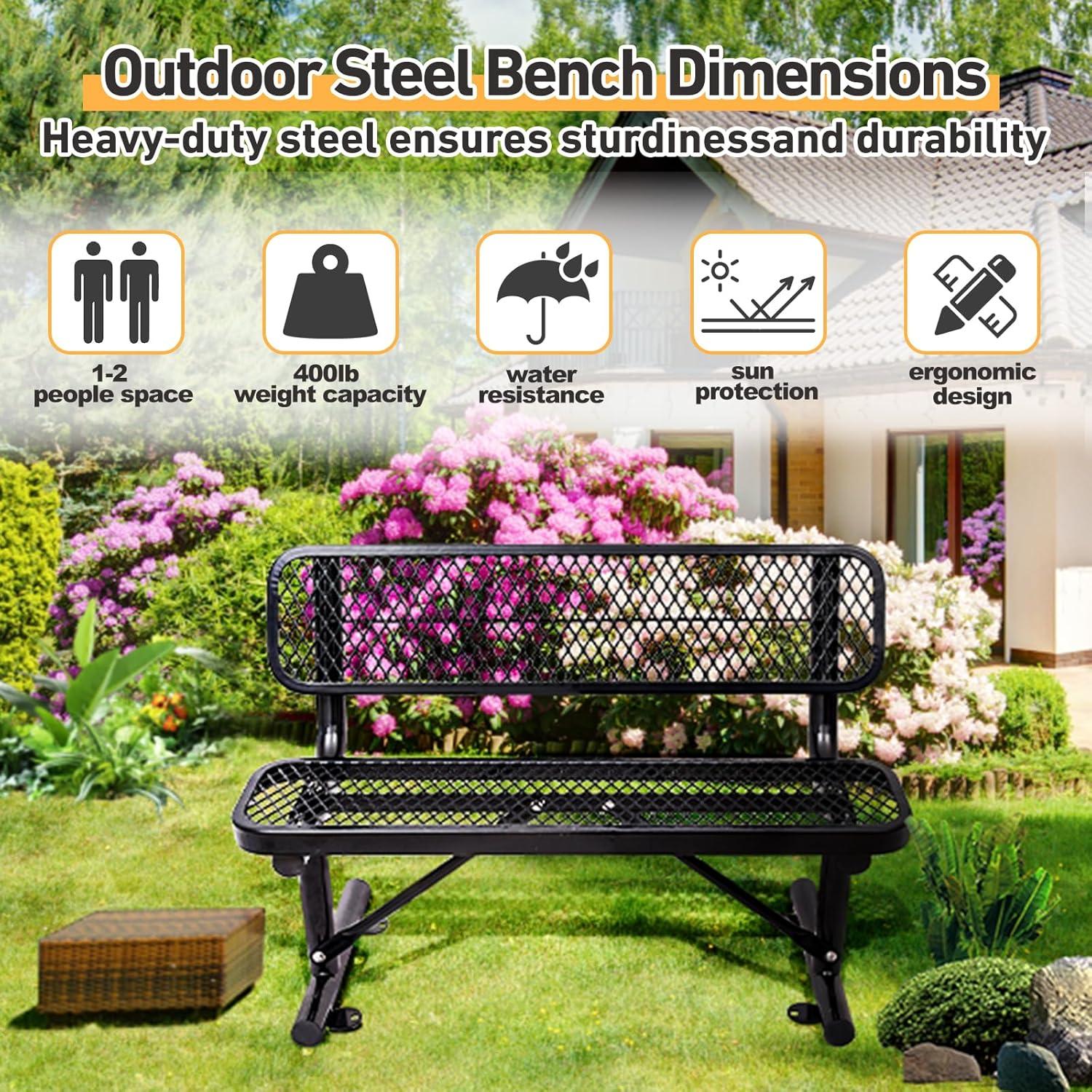 Global Industrial  4 ft. Outdoor Steel Bench with Backrest & Expanded Metal - Black