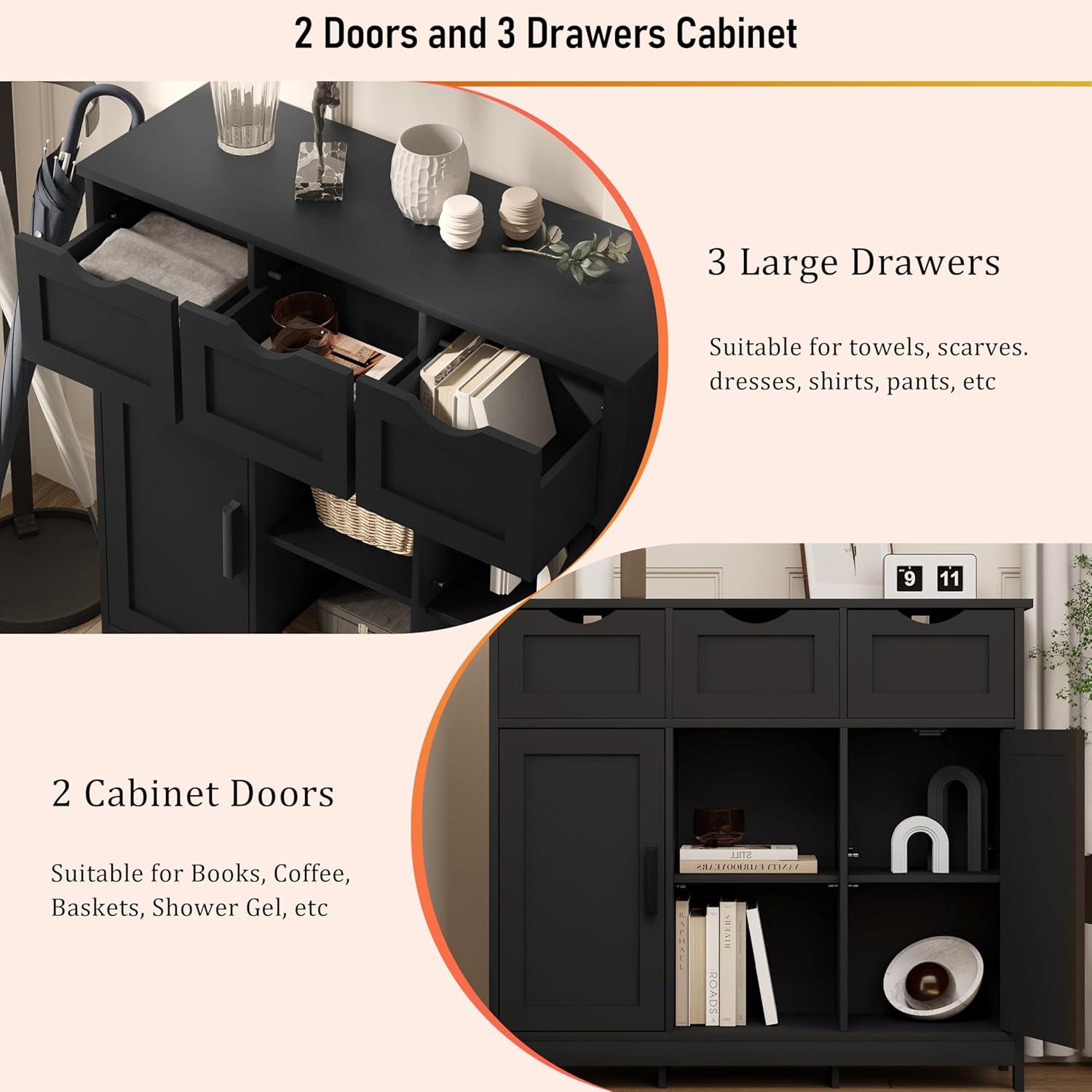 Black Storage Cabinets, Wooden Floor Cabinet,Coffee Bar Cabinet with 3 Drawers and 2 Doors,Free-Standing Cupboard for Kitchen,Living Room,Bathroom Diningroom