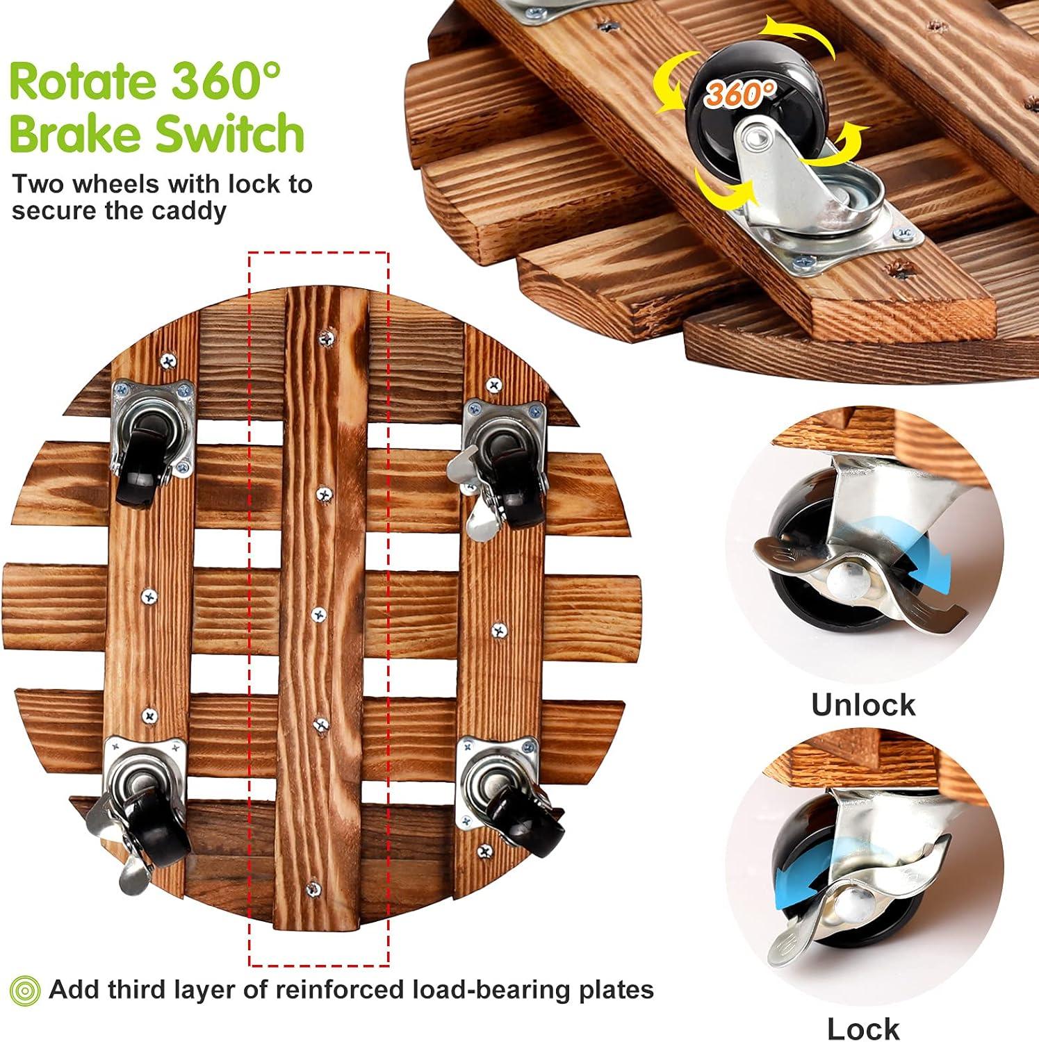 BUSATIA 2pack 12" Plant Caddy Plant Stand with Wheels,Rolling Plant Stand Heavy Duty Wooden Round Plant Dolly Rollers with 360°Metal Lockable Casters Indoor Outdoor Pot Plant Roller Base Caddies