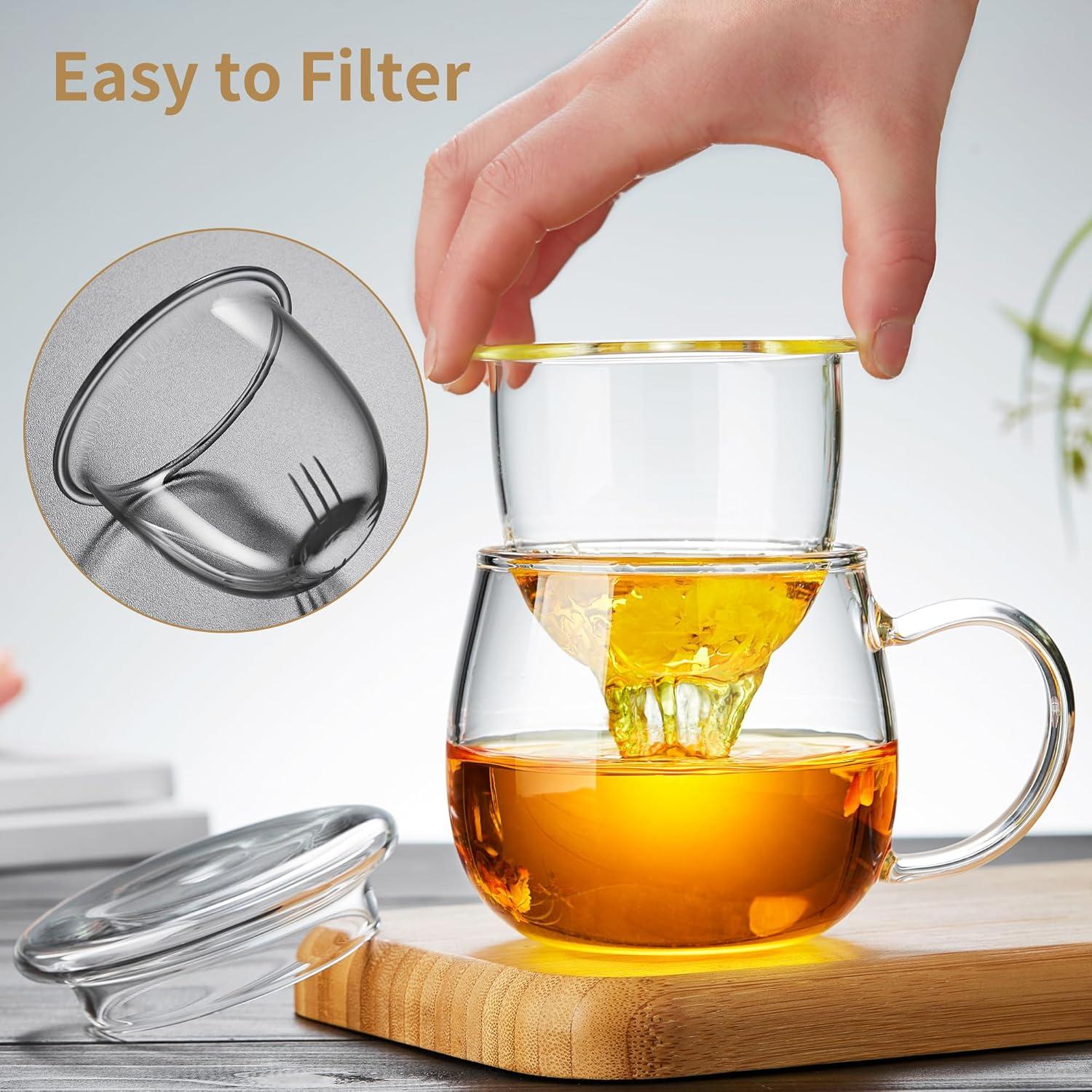 GZhLonKiMa Glass Tea Cup with Infuser and Lid 17 fl oz, Gas Stovetop Safe, Heat Resistant Borosilicate Glass Tea Infuser Mug for Blooming and Loose Leaf Tea