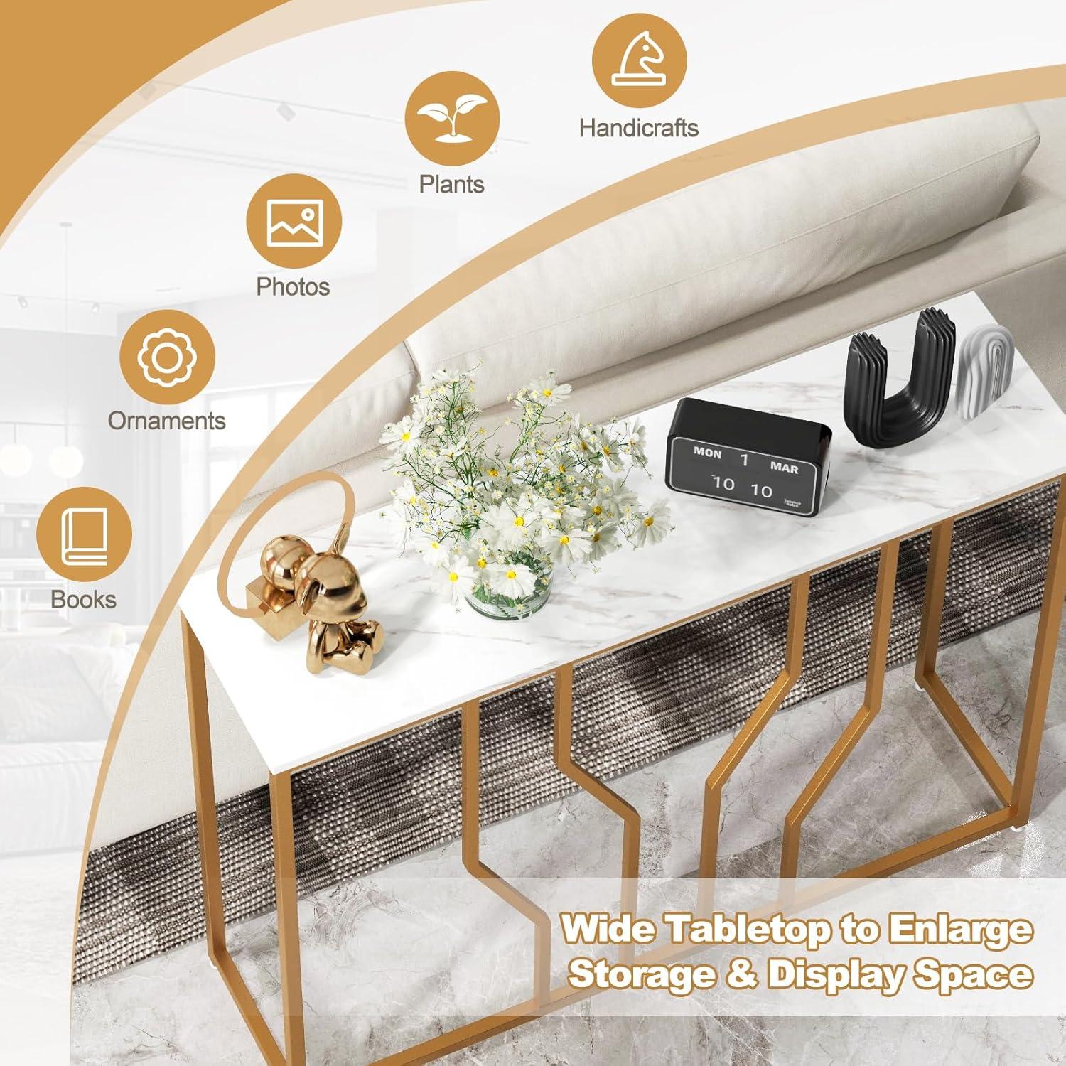 Kadyn Console Desk Table, Console Table, Entryway Table, Side Table, Display Table, 44 Inch Modern White Entryway Table with Faux Marble Tabletop-White