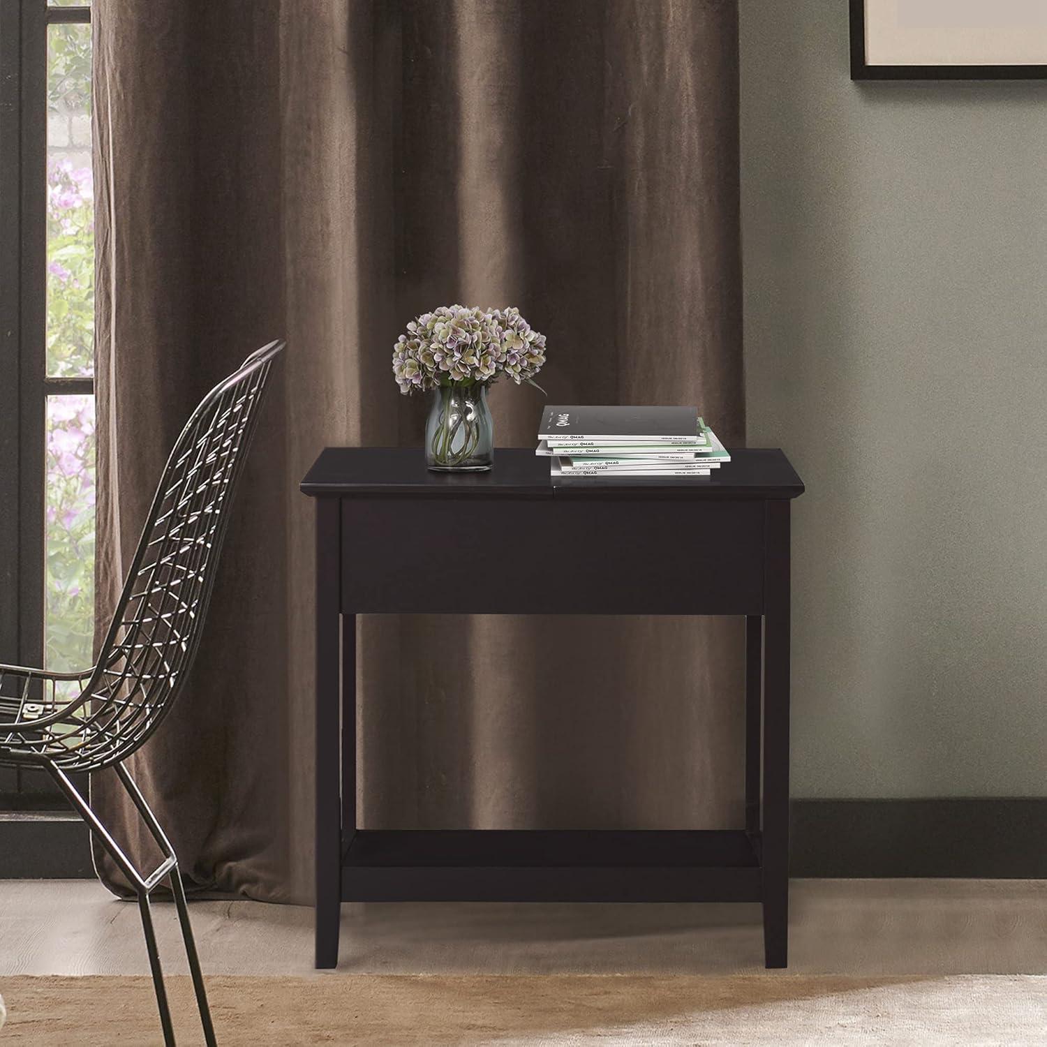 Dark Coffee Narrow Wood End Table with Storage Cabinet and Shelf