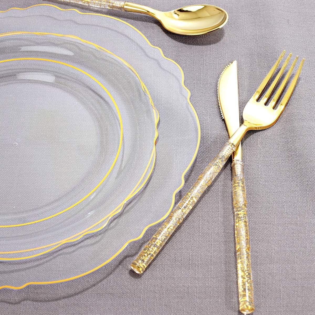 Elegant Clear Gold Baroque Disposable Plastic Plates and Cutlery Set