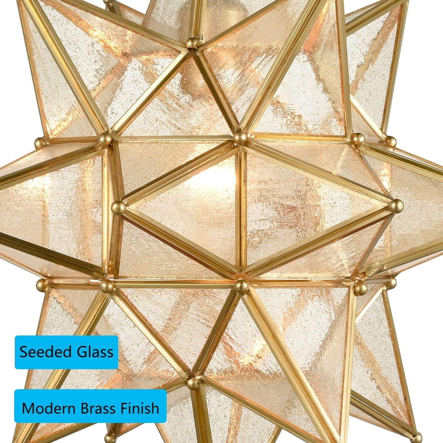 Moravian Star Pendant Chandelier Seeded Glass Gold Light 15 Inches