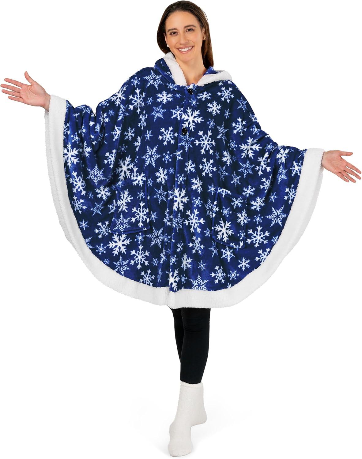 PAVILIA Angel Wrap Hooded Blanket for Women Adult, Wearable Cozy Wrap Throw Fleece Shawl Cape, Snowflake Blue/Faux Shearling