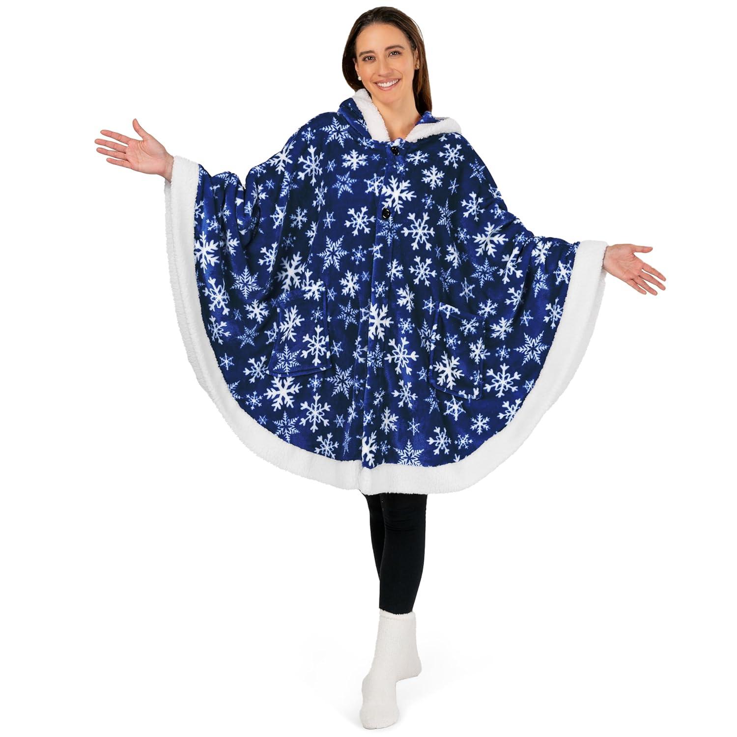 PAVILIA Angel Wrap Hooded Blanket for Women Adult, Wearable Cozy Wrap Throw Fleece Shawl Cape, Snowflake Blue/Faux Shearling
