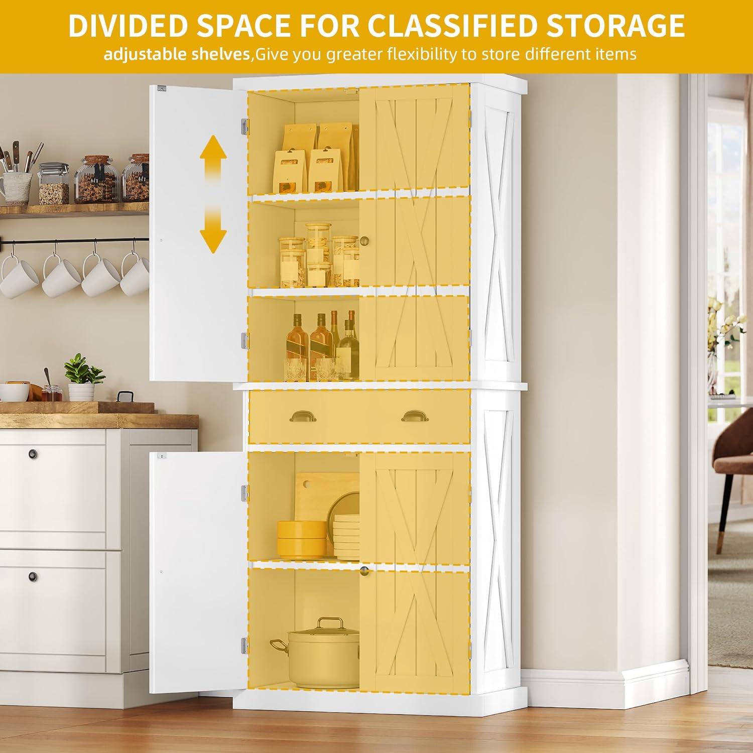 Gracie Oaks Sneyd 72" H Wood Farmhouse Kitchen Pantry Cabinet with Adjustable Shelves & Drawer