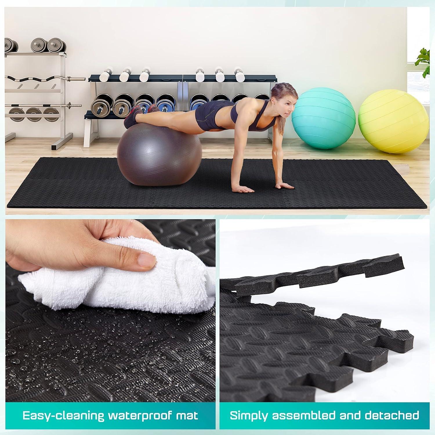 Soft Mat Block Interlocking Foam Exercise Floor Mats 11.8 inch,12 pcs,Yoga Gym Mat Flooring,Exercise Equipment Mat for Home Gym Equipment,Black