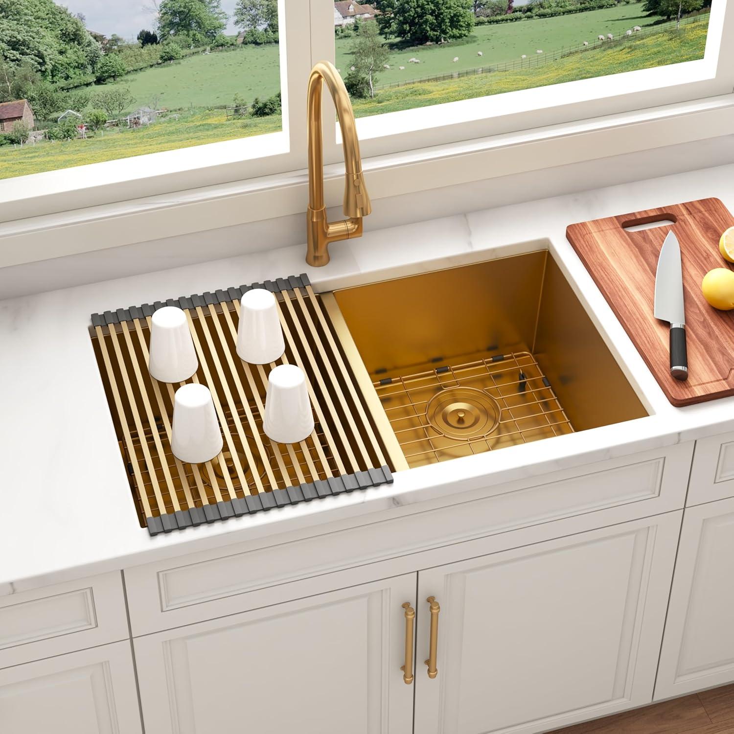 Blenzia 32 Inch Gold Double Bowl Kitchen Sink Undermount 50/50 Stainless Steel 16 Gauge Sinks 32" X 18" X 10"