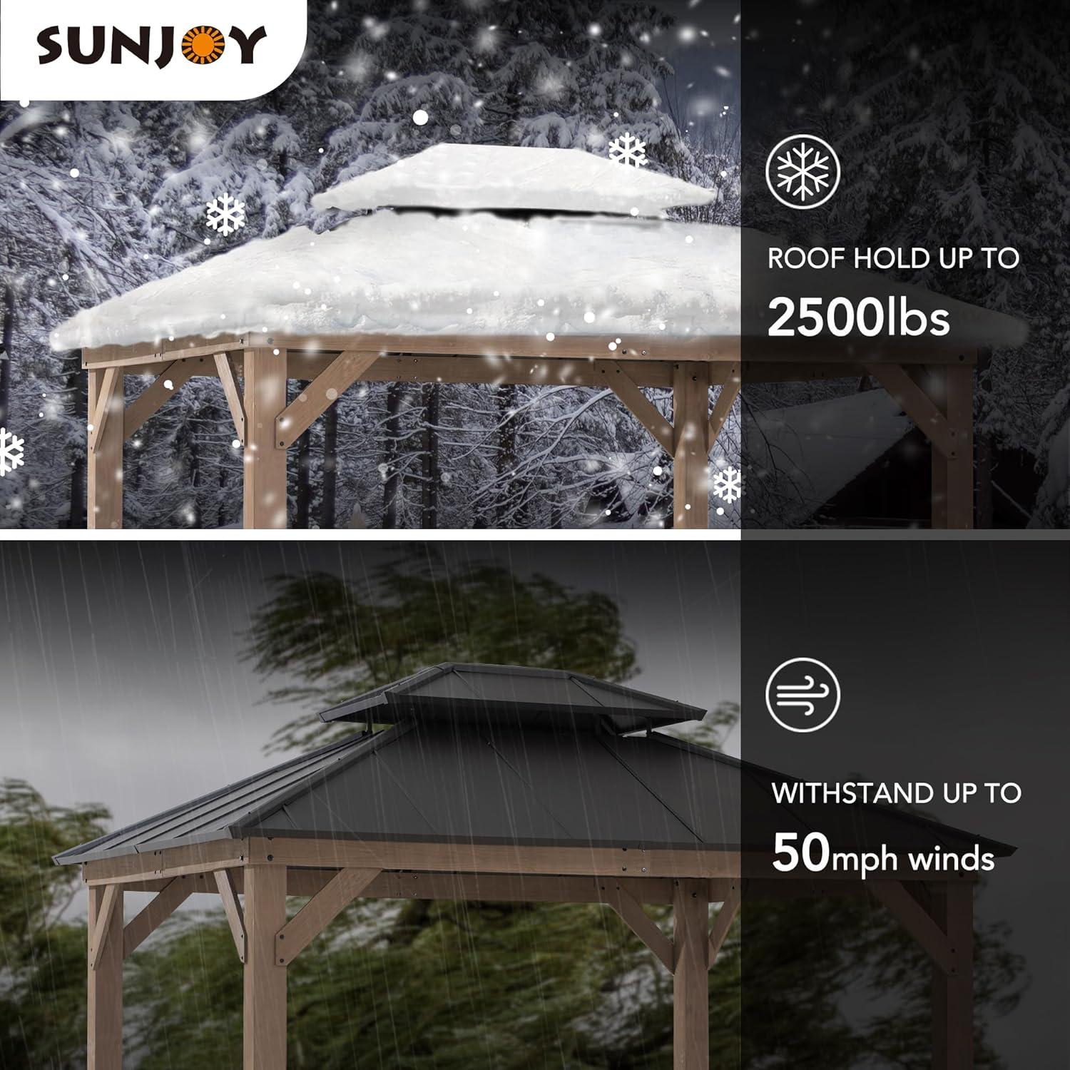 SUNJOY 10 x 12 ft. Wood Gazebo, Outdoor Patio Steel Hardtop Gazebo, Cedar Framed Wooden Gazebo with 2-Tier Metal Roof, Suitable for Patios, Lawn and Backyard, Dark Brown Roof + Dark Wood Frame