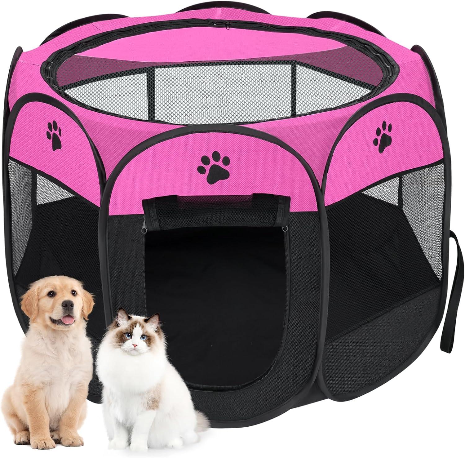 Pet Cat Playpen for Indoor Cats Enclosed, Portable Foldable Dog Playpen Outdoor with Zipper Top Cover Door for Dogs, Cats, Small Animals