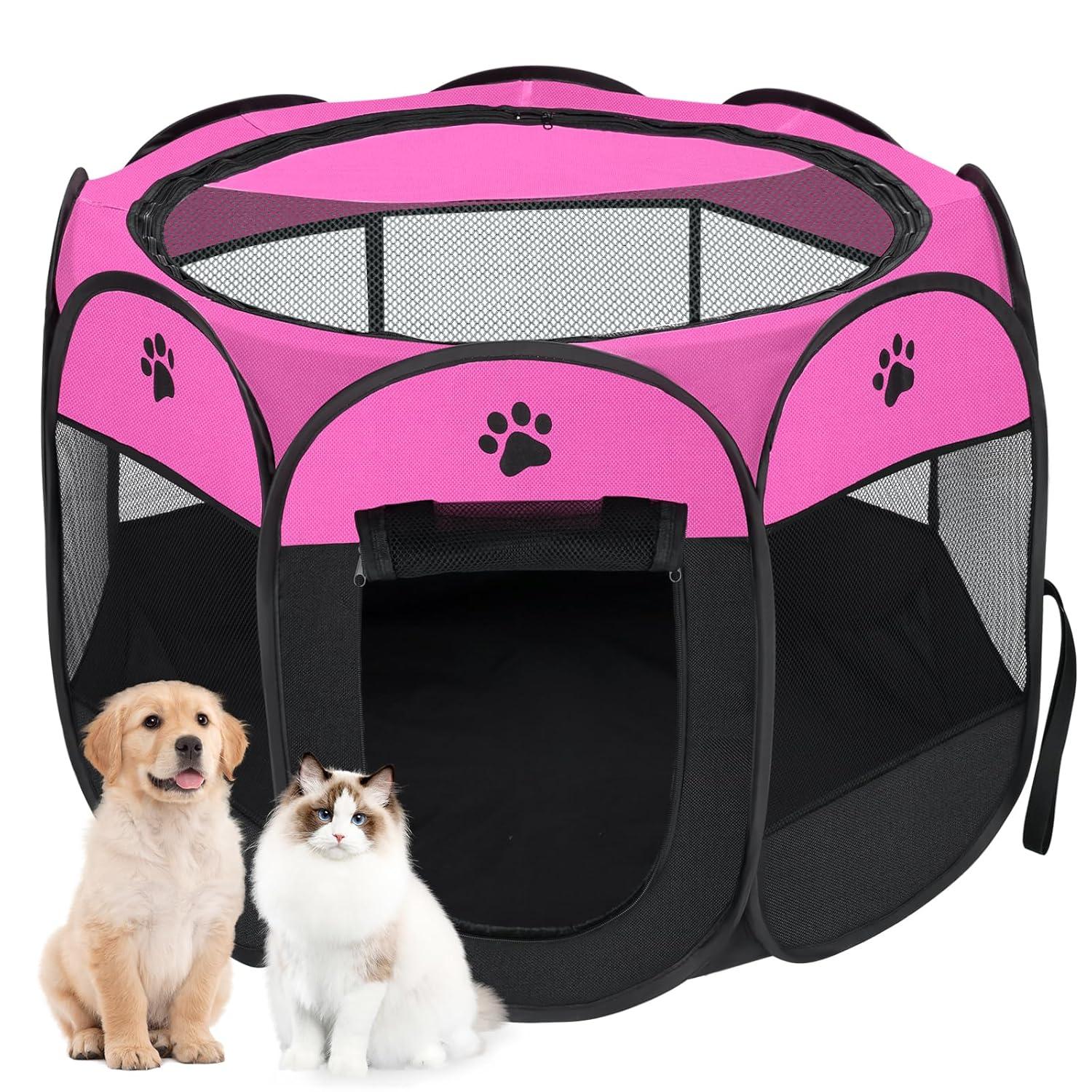 Pet Cat Playpen for Indoor Cats Enclosed, Portable Foldable Dog Playpen Outdoor with Zipper Top Cover Door for Dogs, Cats, Small Animals