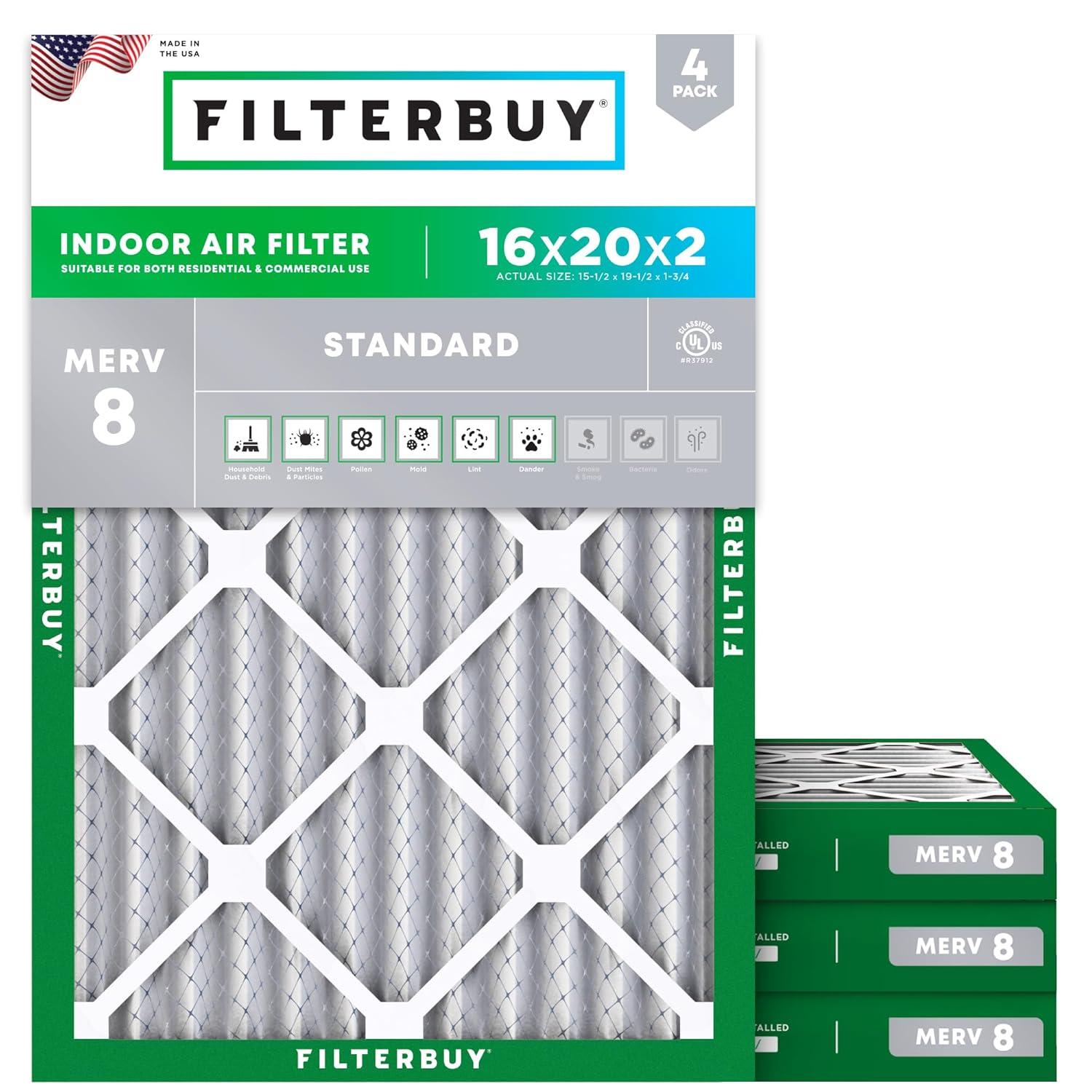 Filterbuy Filterbuy 16x20x2 Air Filter MERV 8, Pleated HVAC AC Furnace Filters Replacement (Set of 4)
