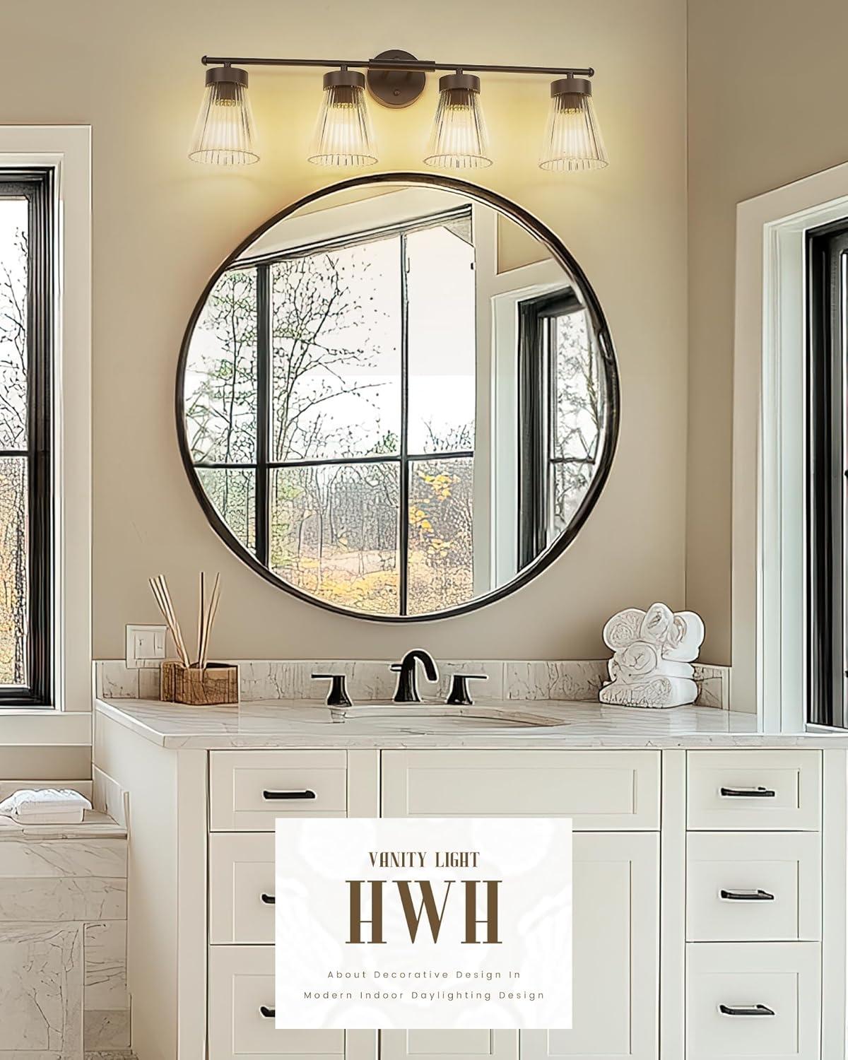 4-Light Bathroom Vanity Light, HWH Oil-Rubbed Bronze Bathroom Light Fixtures Farmhouse Vanity Lamp Over Mirror with Clear Striped Glass Shade, 5HZG97B-4W ORB