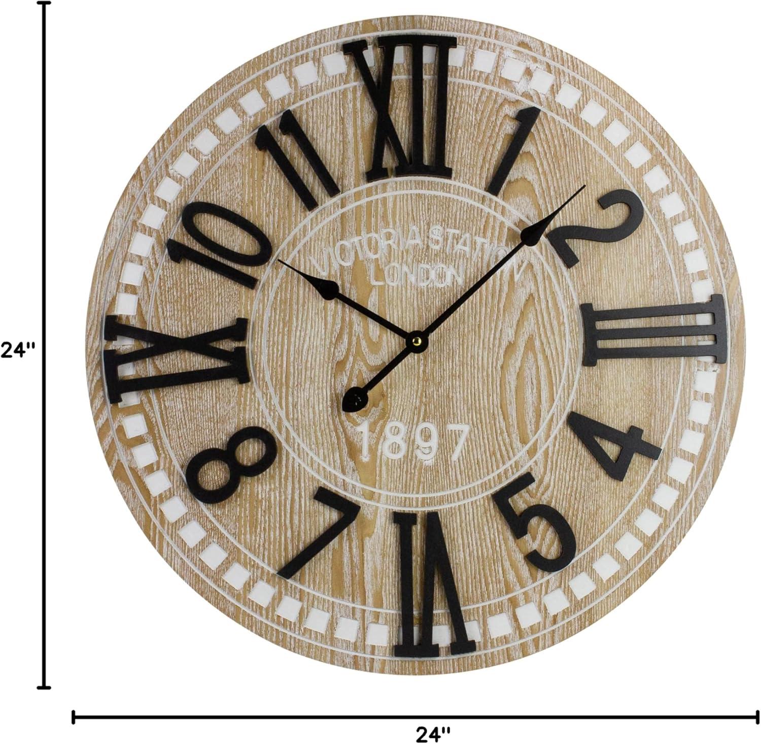 24" Black and Whitewash Wood Round Wall Clock with Roman Numerals