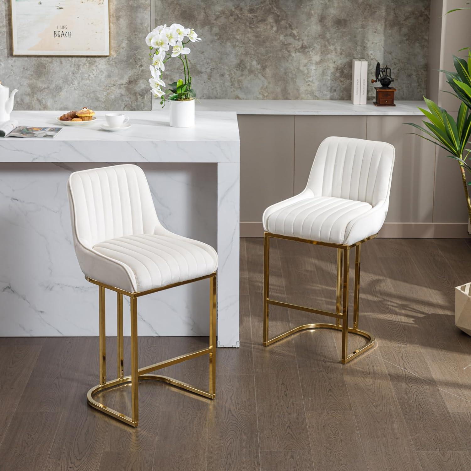 Counter Height Stools Set of 2, Velvet Bar Stools with 27 Inches Upholstered Seat Height, Handmade Woven Back Armrest, Sturdy Golden Metal Legs for Home Dining Pub Kitchen Island, Beige
