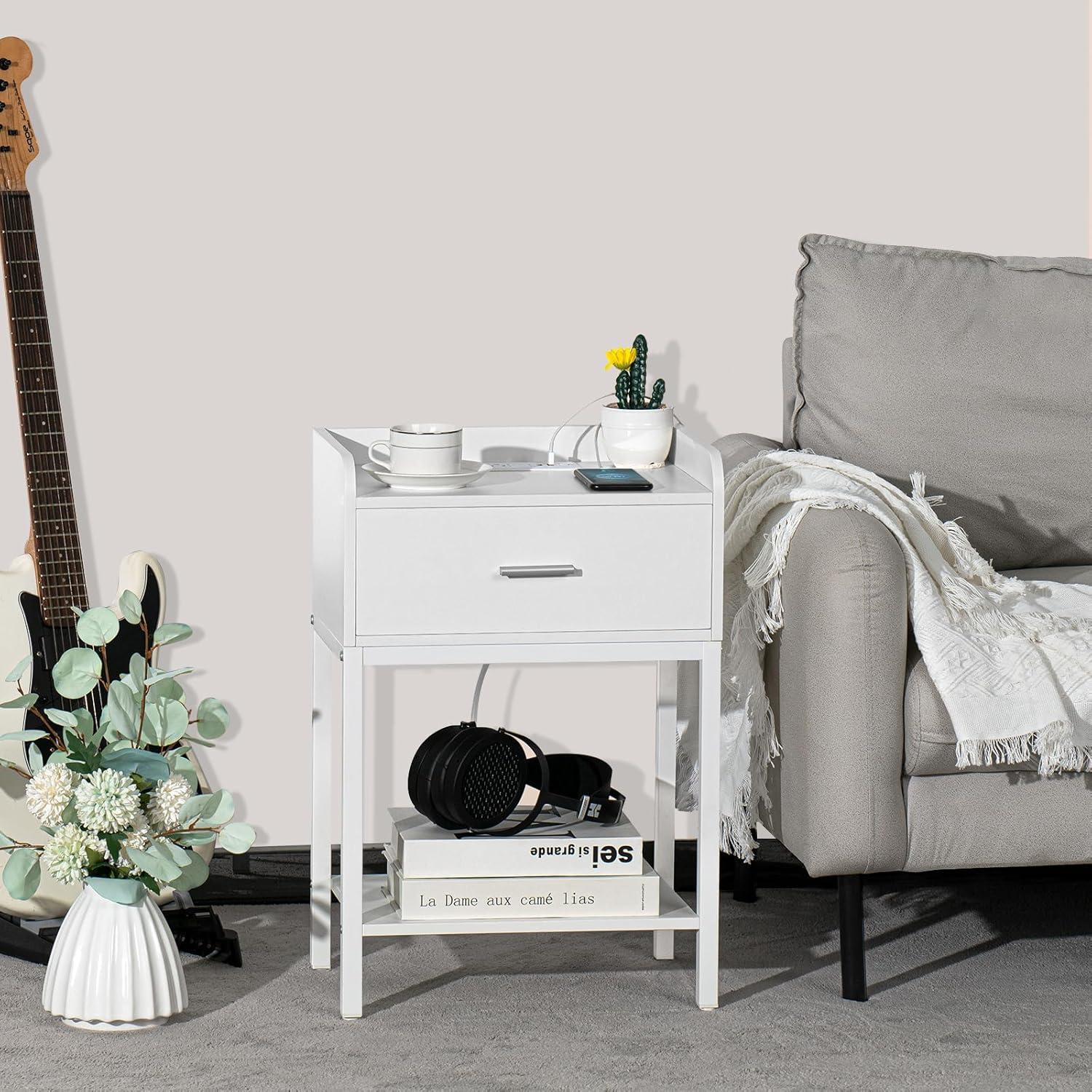 YAHARBO White Nightstand Set of 2 with Charging Station, Small Bedside Table with USB Ports and Power Outlets, Modern End Side Tables with Drawer, Night Stand for Bedroom, Office, Small Space