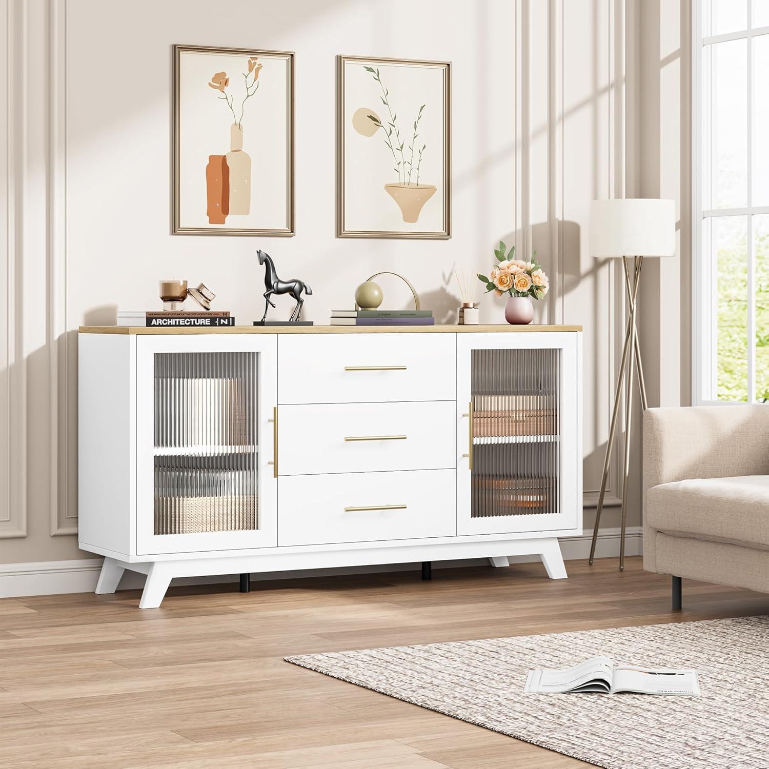 56" White Sideboard Buffet Cabinet with Natural Top and Fluted Glass Doors