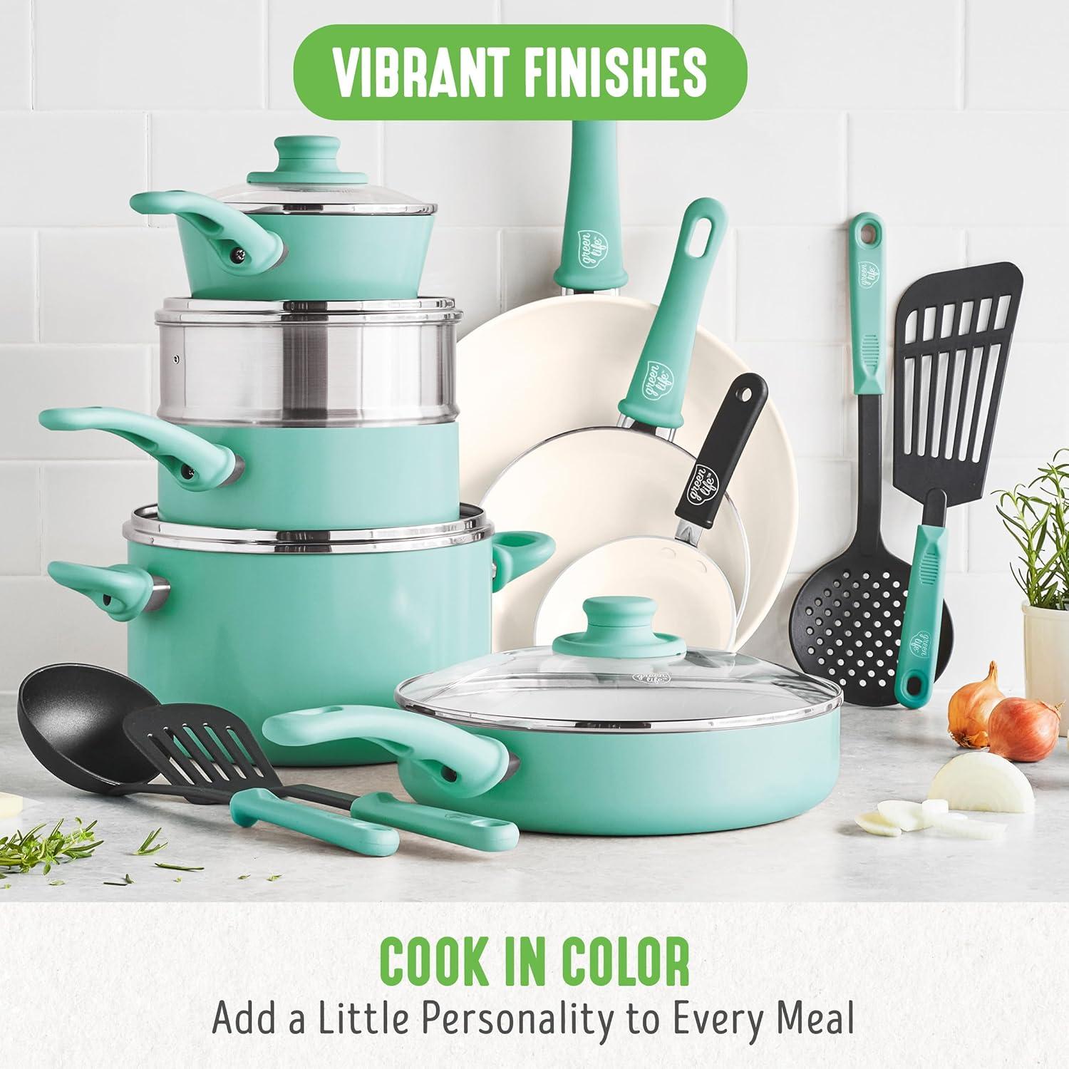 Turquoise Aluminum 16-Piece Nonstick Cookware Set with Glass Lids