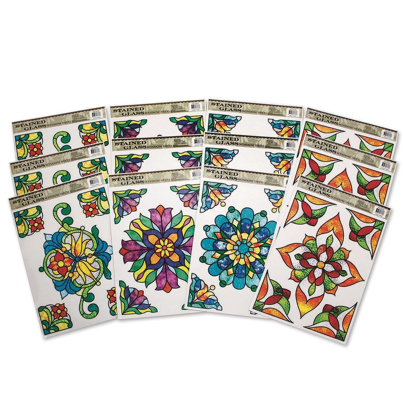 S&S Worldwide Repositionable and Reusable Stained Glass Window Clings- Add Beauty to Any Window or Room with 11-3/4" x 7-7/8a Adhesive-Free, Static Cling Decorations, 4 Colorful Designs. Pack of 12.